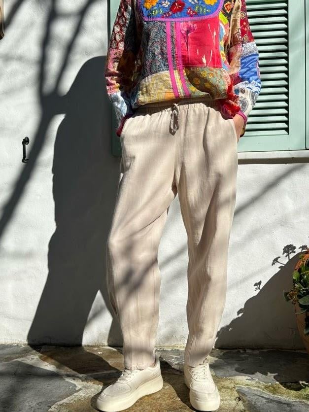 Bej Paçası Pileli Keten Pantolon - Şaman Butik Bej Paçası Pileli Keten Pantolon