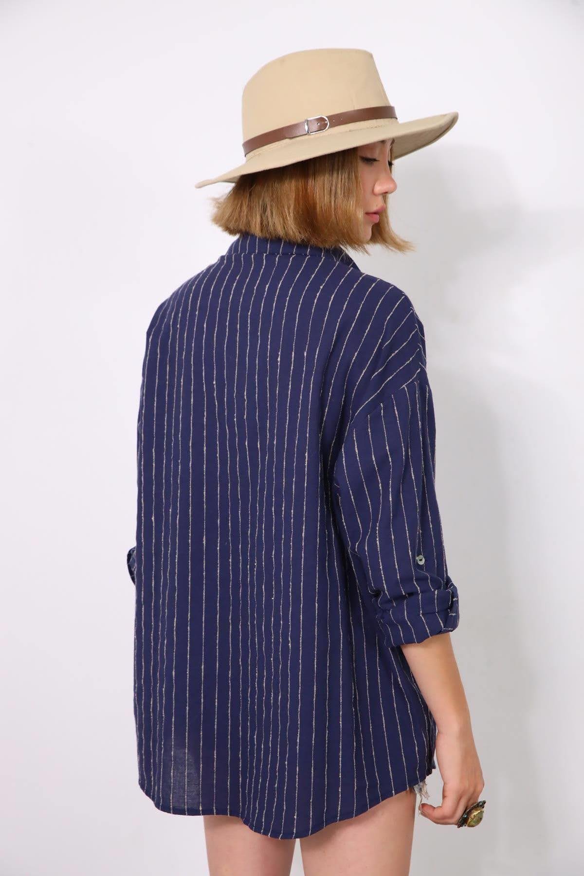  Lacivert Kolları Apoletli Çizgili Keten Gömlek