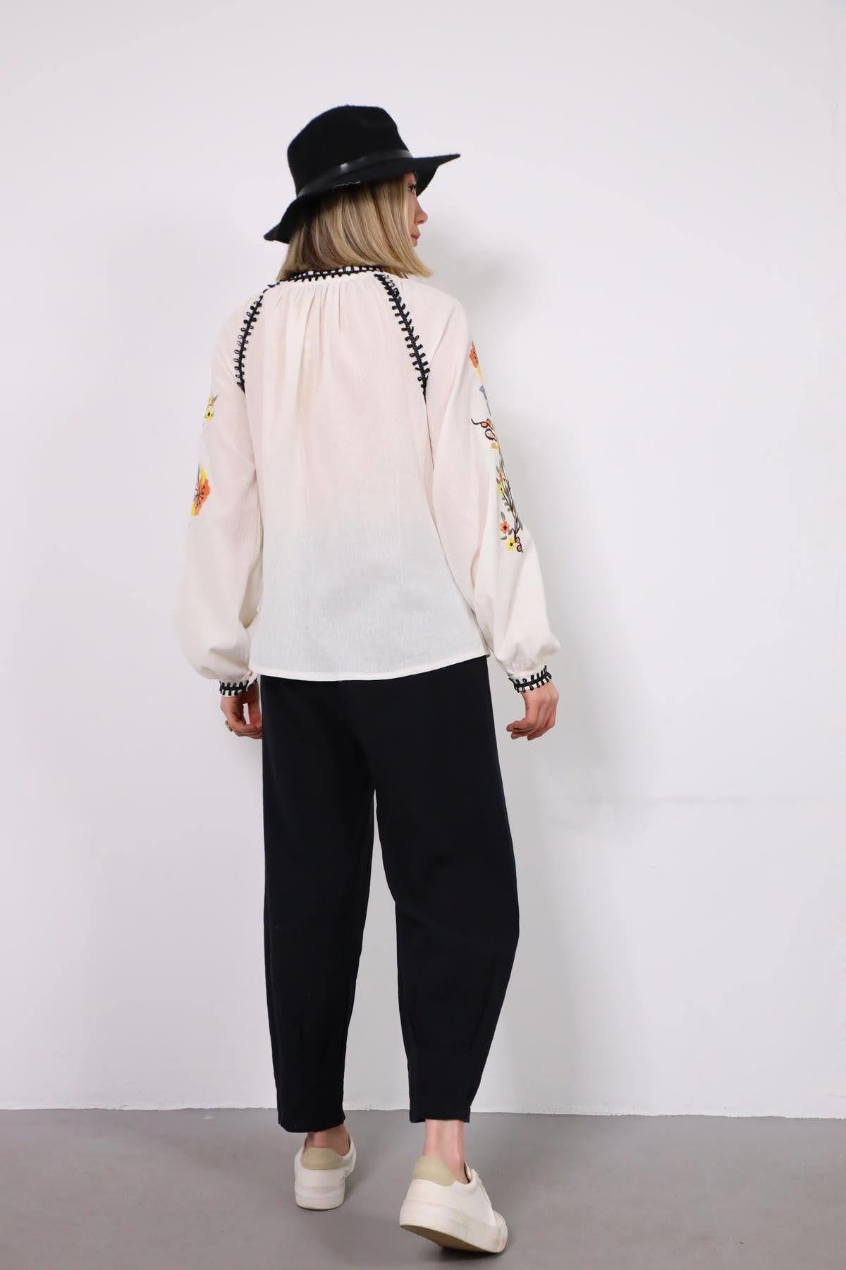 White Double Pompom Embroidered Sleeve Shirt - Saman Butik | Shop Online White Double Pompom Embroidered Sleeve Shirt