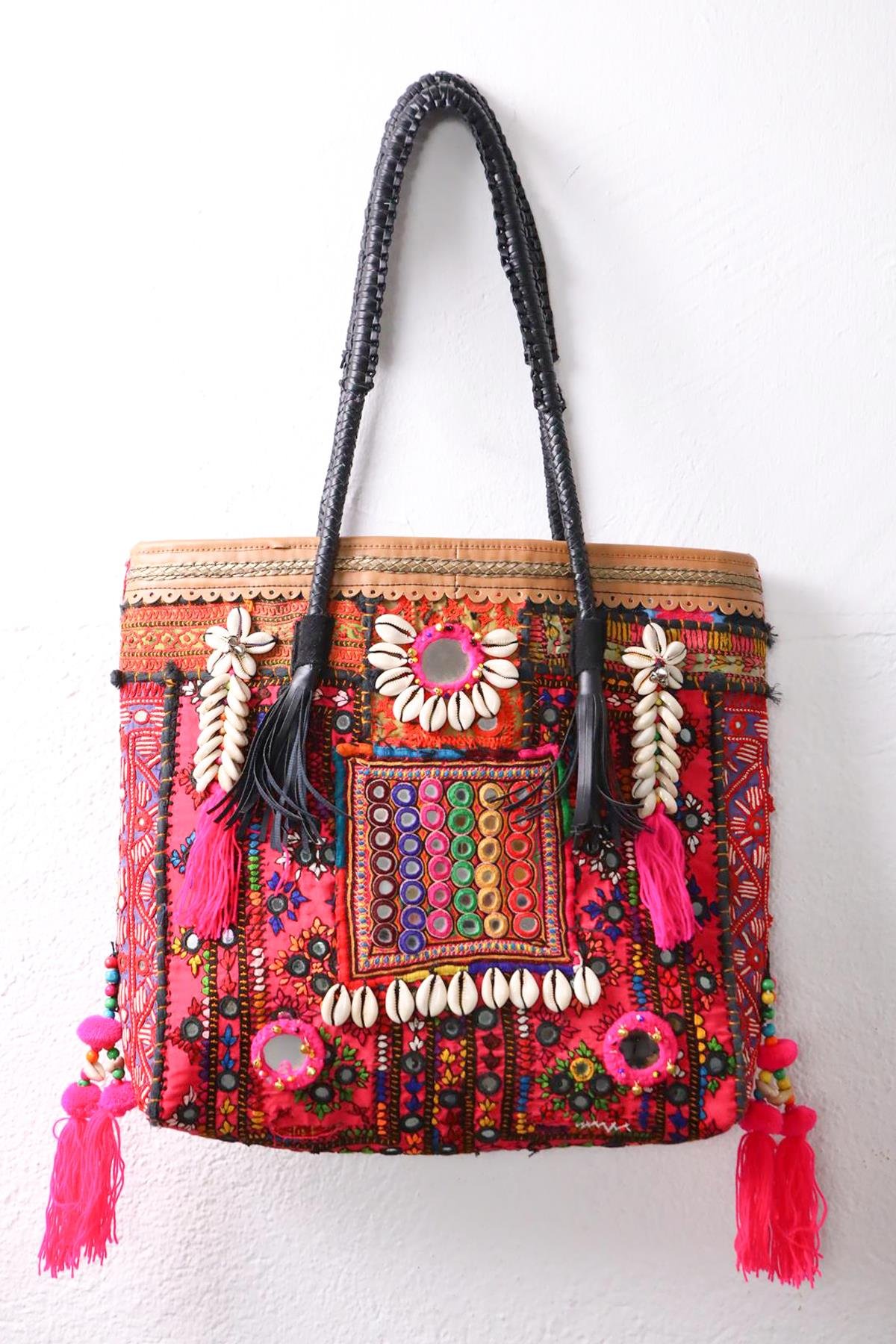  Renkli Ayna ve Deniz Kabuklu Deri Saplı Tasarım Büyük Çanta