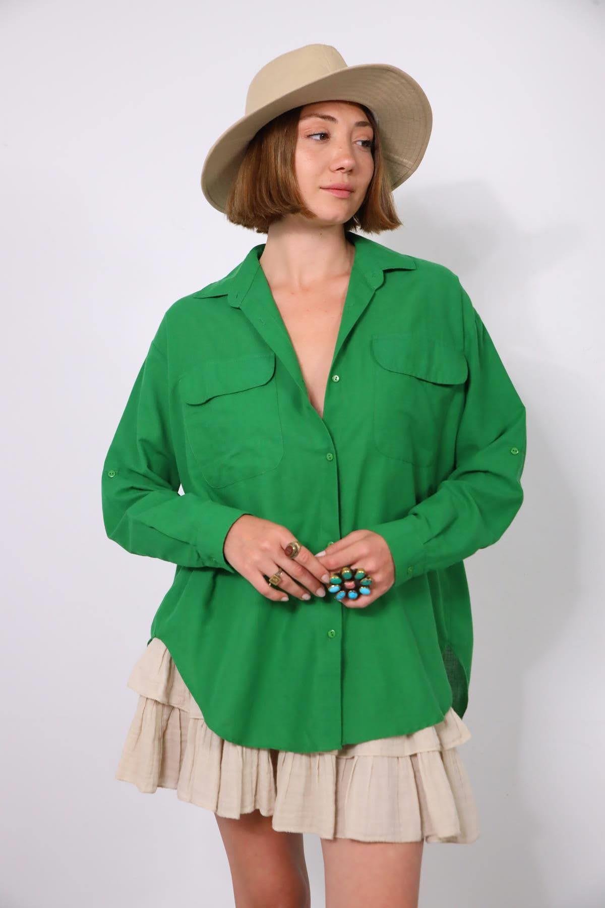 Green Big Pocket Open Back Shirt - Saman Butik | Shop Online Green Big Pocket Open Back Shirt