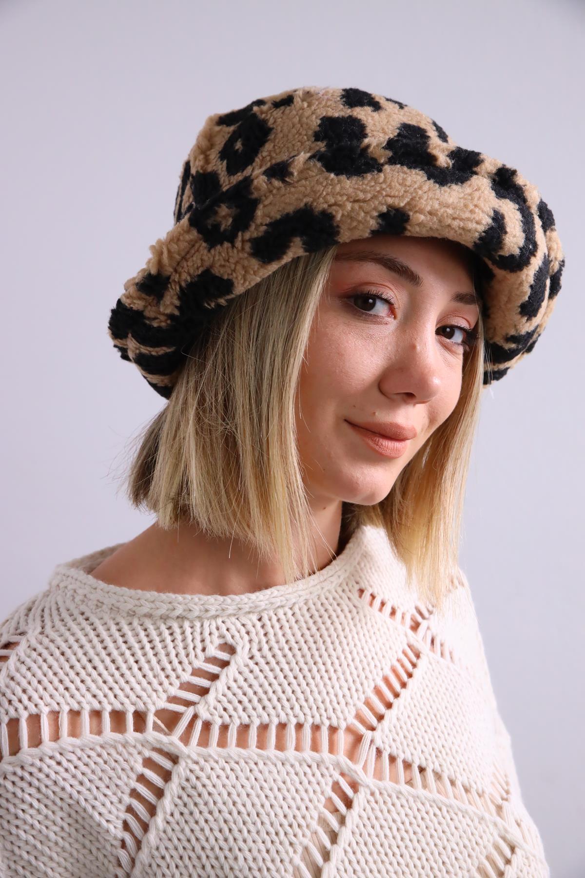  Camel Rengi Leopar Desen Bucket Şapka