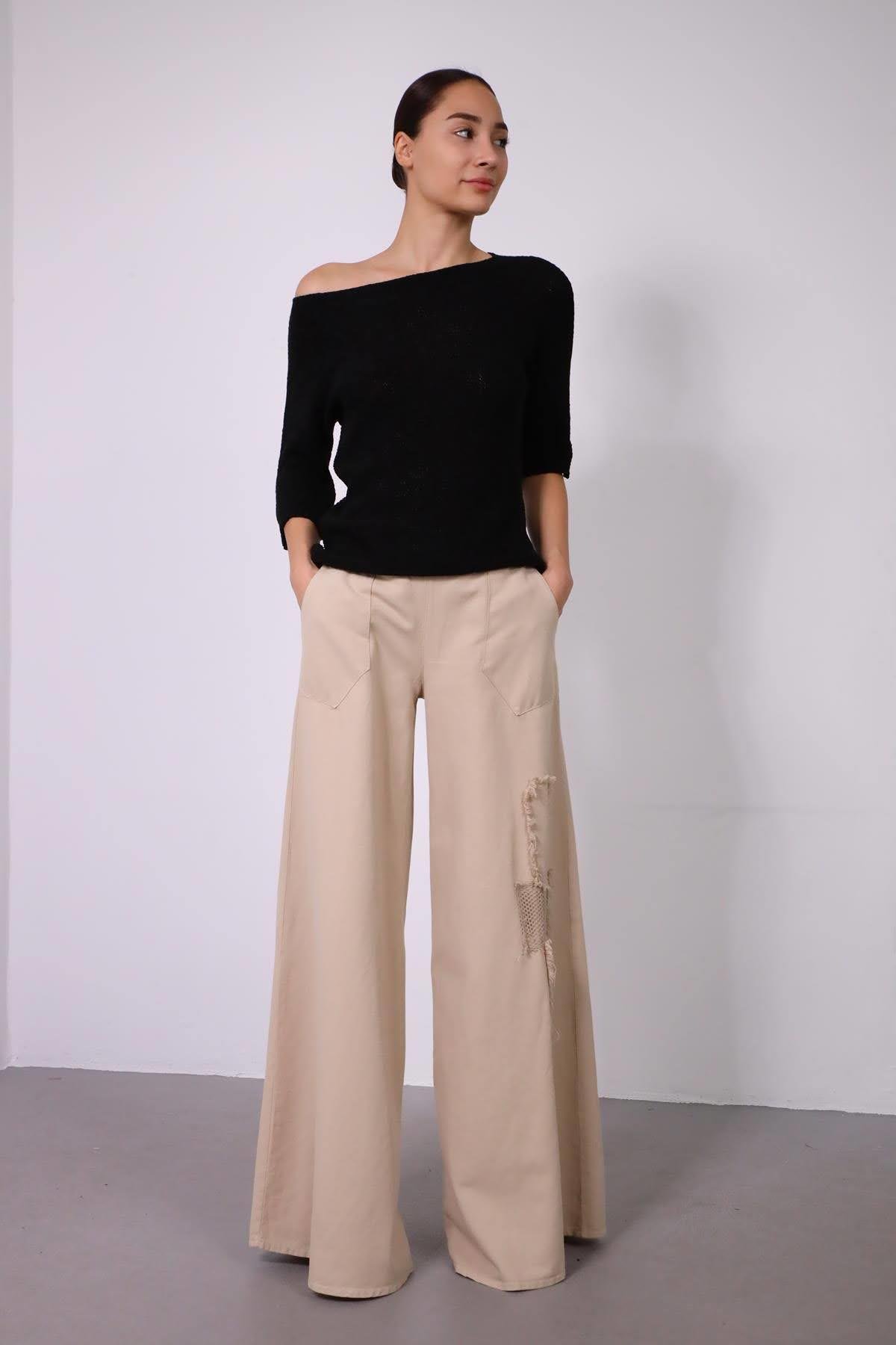 Navy Blue Floral Stitched Waist Shirt Dress - Şaman Butik Powder Pink Wide Leg Fillet Detailed Trousers