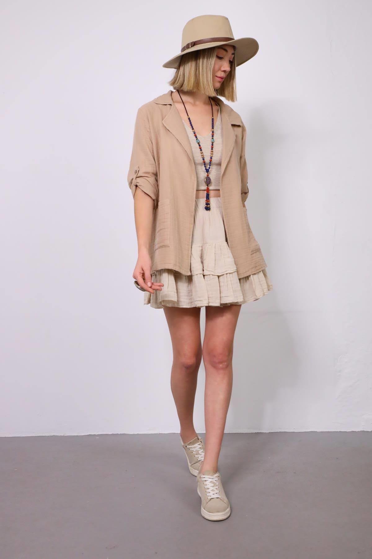 Camel Rengi Önü Cepli Müslin Blazer Ceket - Şaman Butik Camel Rengi Önü Cepli Müslin Blazer Ceket