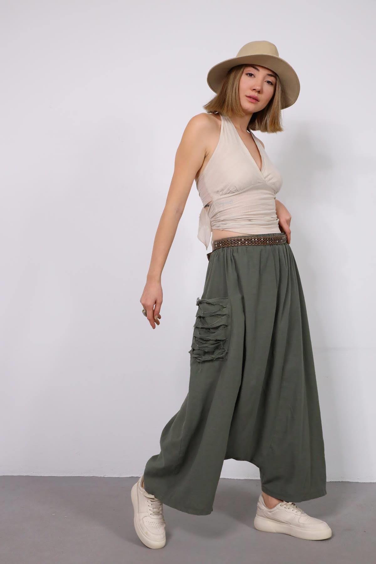  Haki Cebi Yırtık Detaylı Keten Şalvar