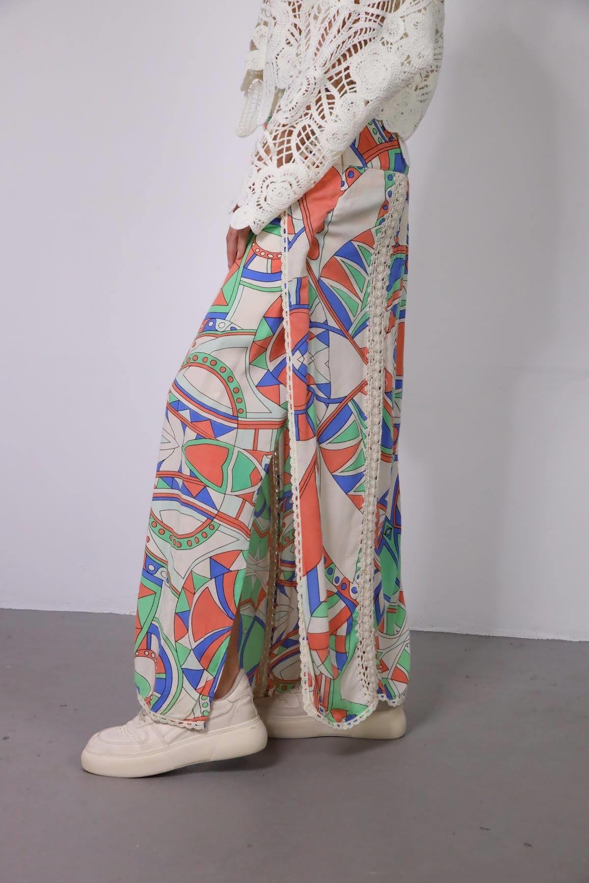 Beige Colorful Patterned Stitch Detailed Skirt - Şaman Butik | Shop Online Beige Colorful Patterned Stitch Detailed Skirt