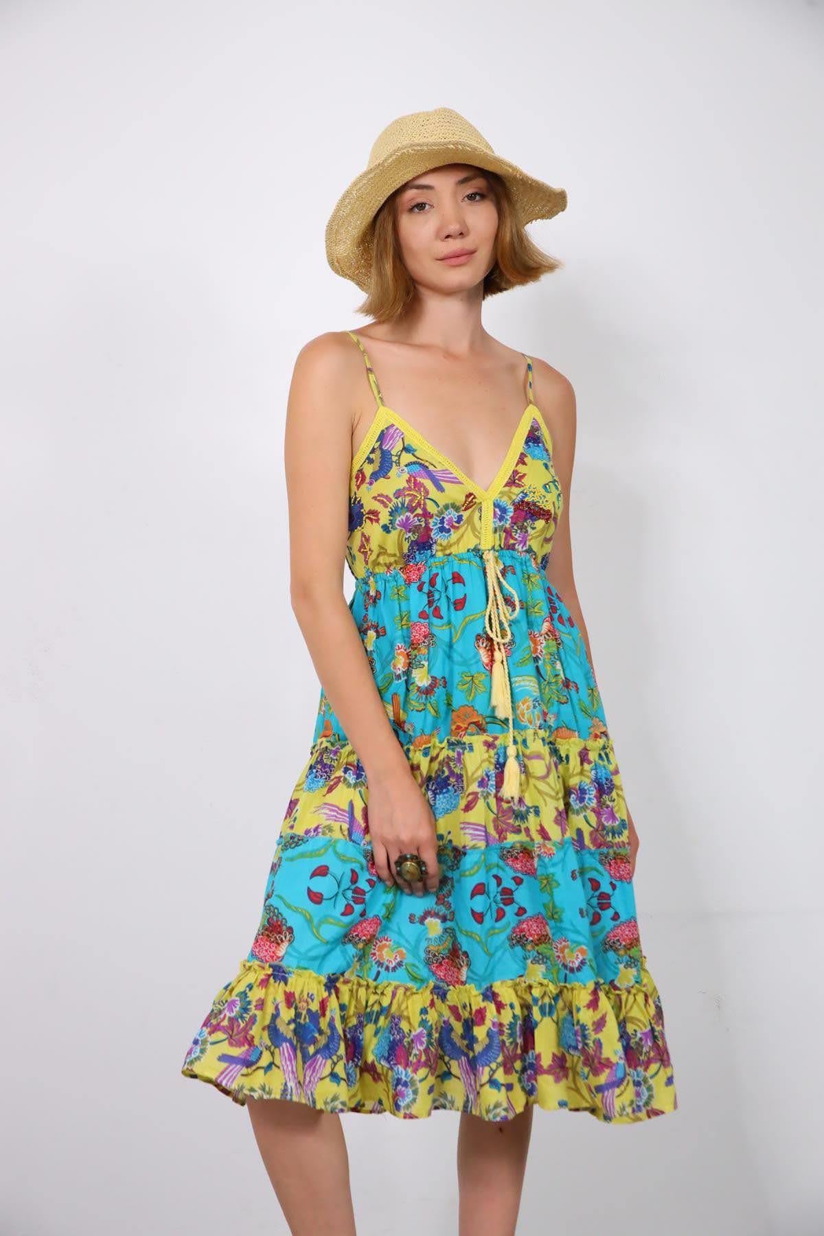 Turkuaz Güpür Detaylı Askılı Otantik Elbise - Şaman Butik Turkuaz Güpür Detaylı Askılı Otantik Elbise