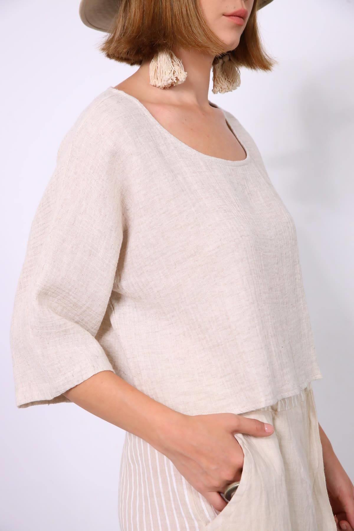 Krem Rengi Kayık Yaka Düşük Omuz Crop Bluz - Şaman Butik Krem Rengi Kayık Yaka Düşük Omuz Crop Bluz