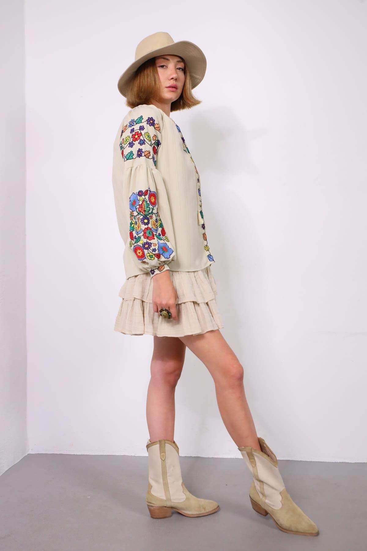 Beige Embroidery Bishop Sleeve Lace Up Collar Shirt - Saman Butik | Shop Online Beige Embroidery Bishop Sleeve Lace Up Collar Shirt