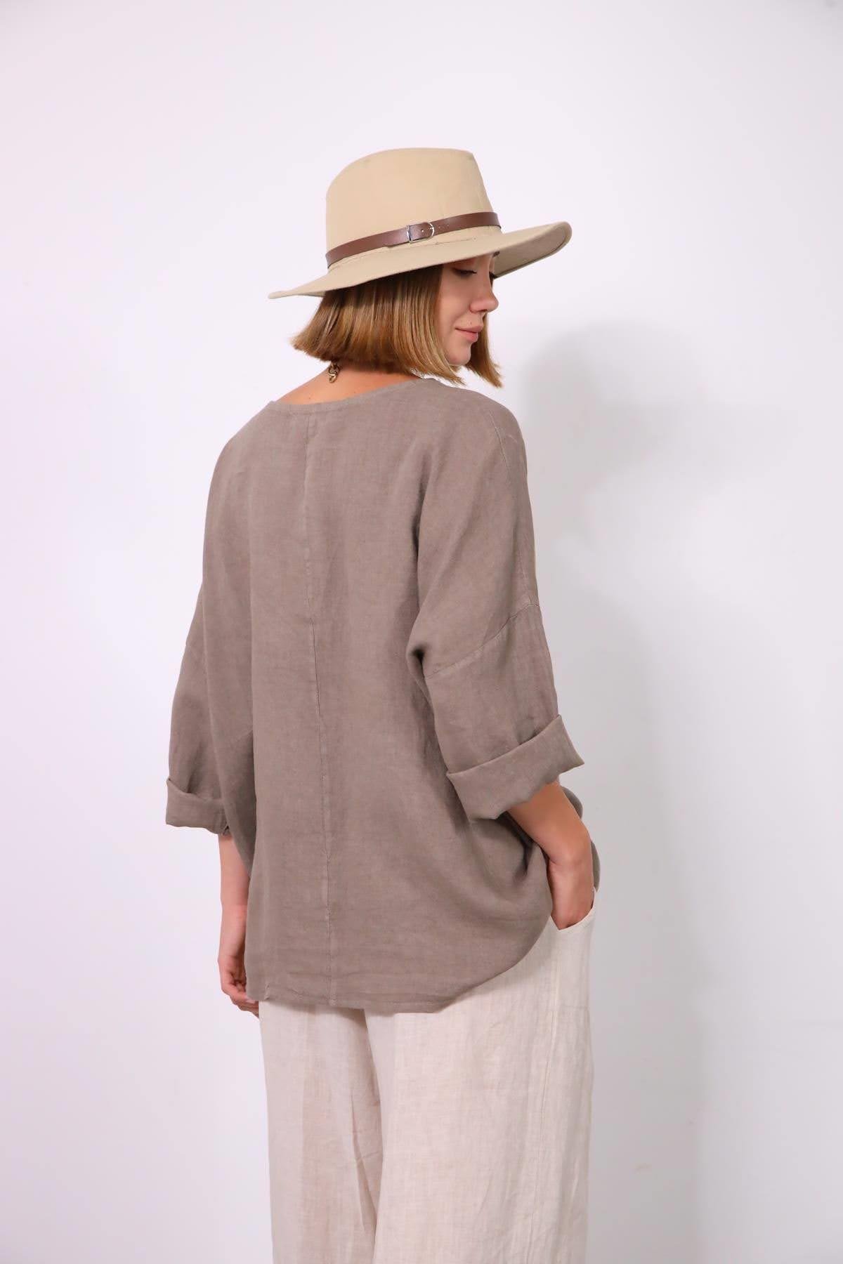 Vizon Rengi Düğme Detaylı Bağlamalı Keten Bluz - Şaman Butik Vizon Rengi Düğme Detaylı Bağlamalı Keten Bluz