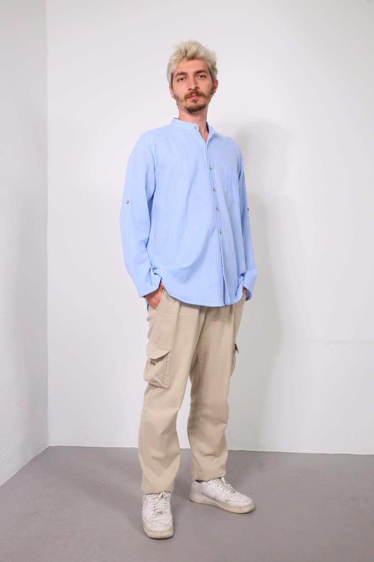  Mavi Hakim Yaka Müslin Erkek Gömlek