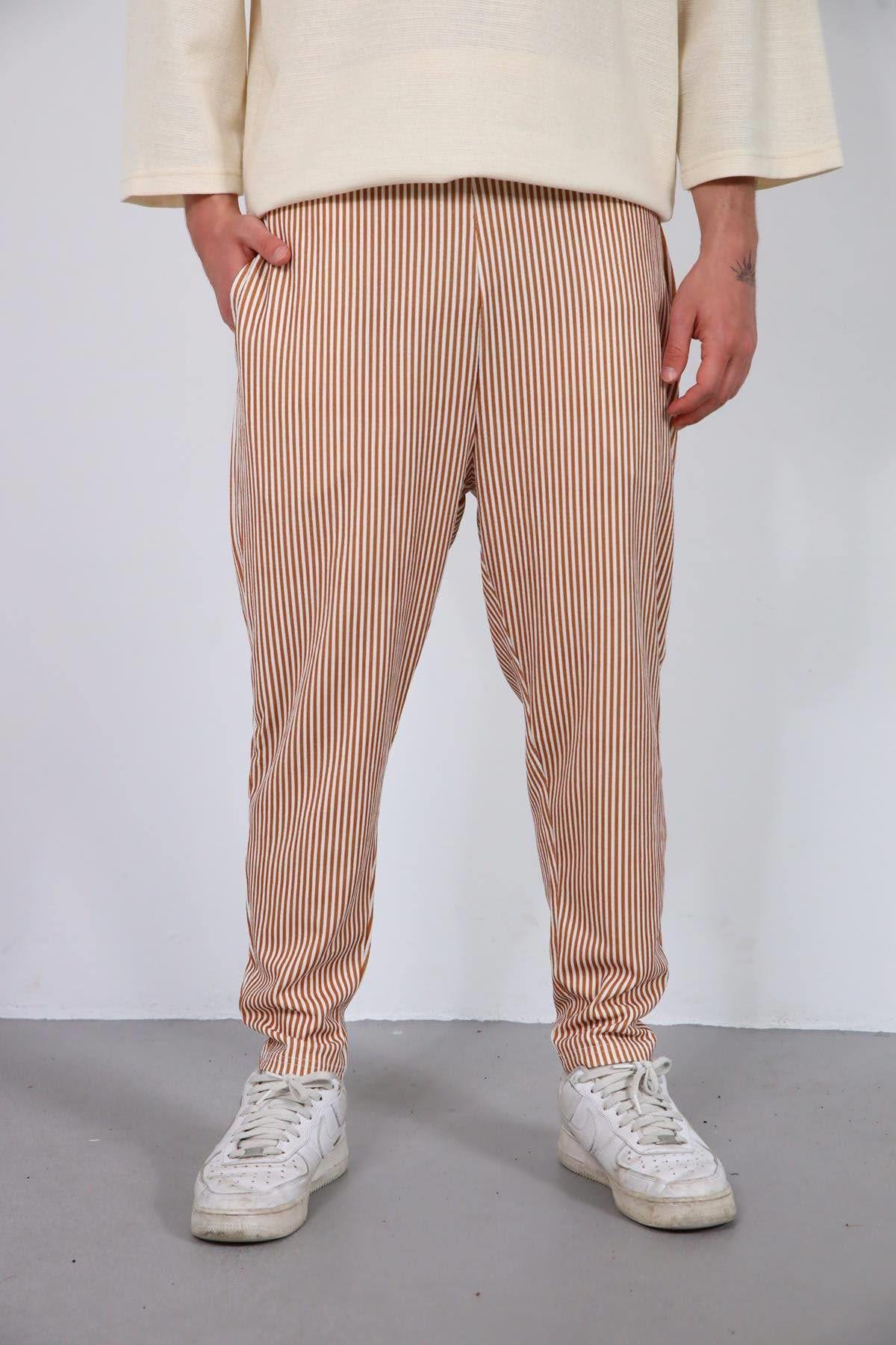  Tarçın Rengi Çizgili Dar Paça Erkek Pantolon