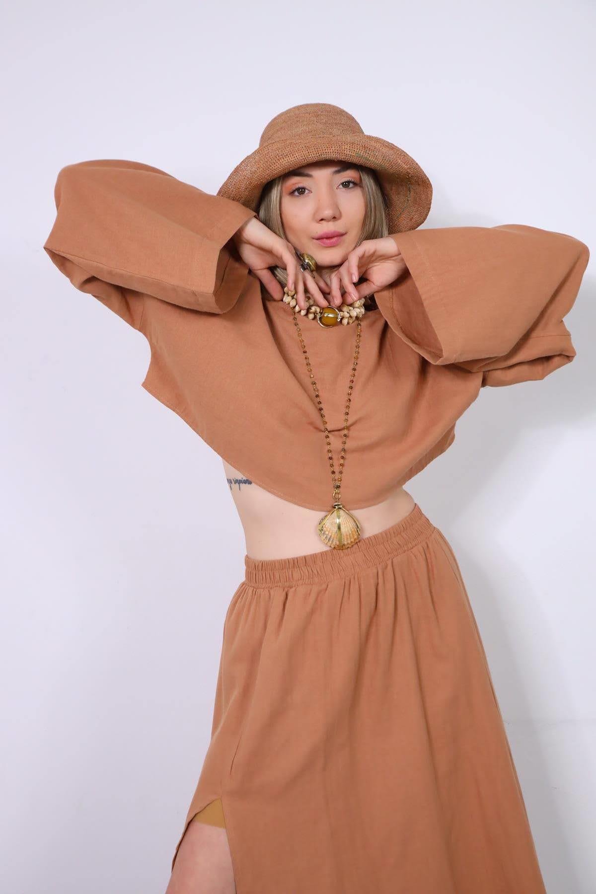  Somon Rengi Yırtmaçlı Etek ve Crop Takım