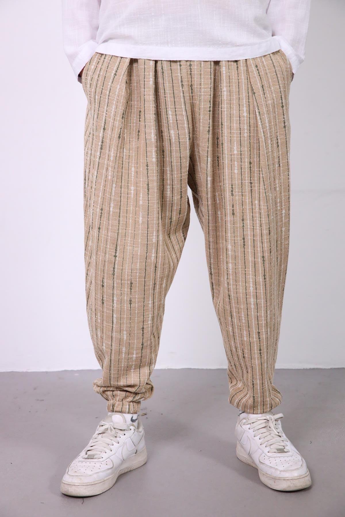  Bej Beli Pileli Paçası Büzgülü Çizgili Erkek Pantolon