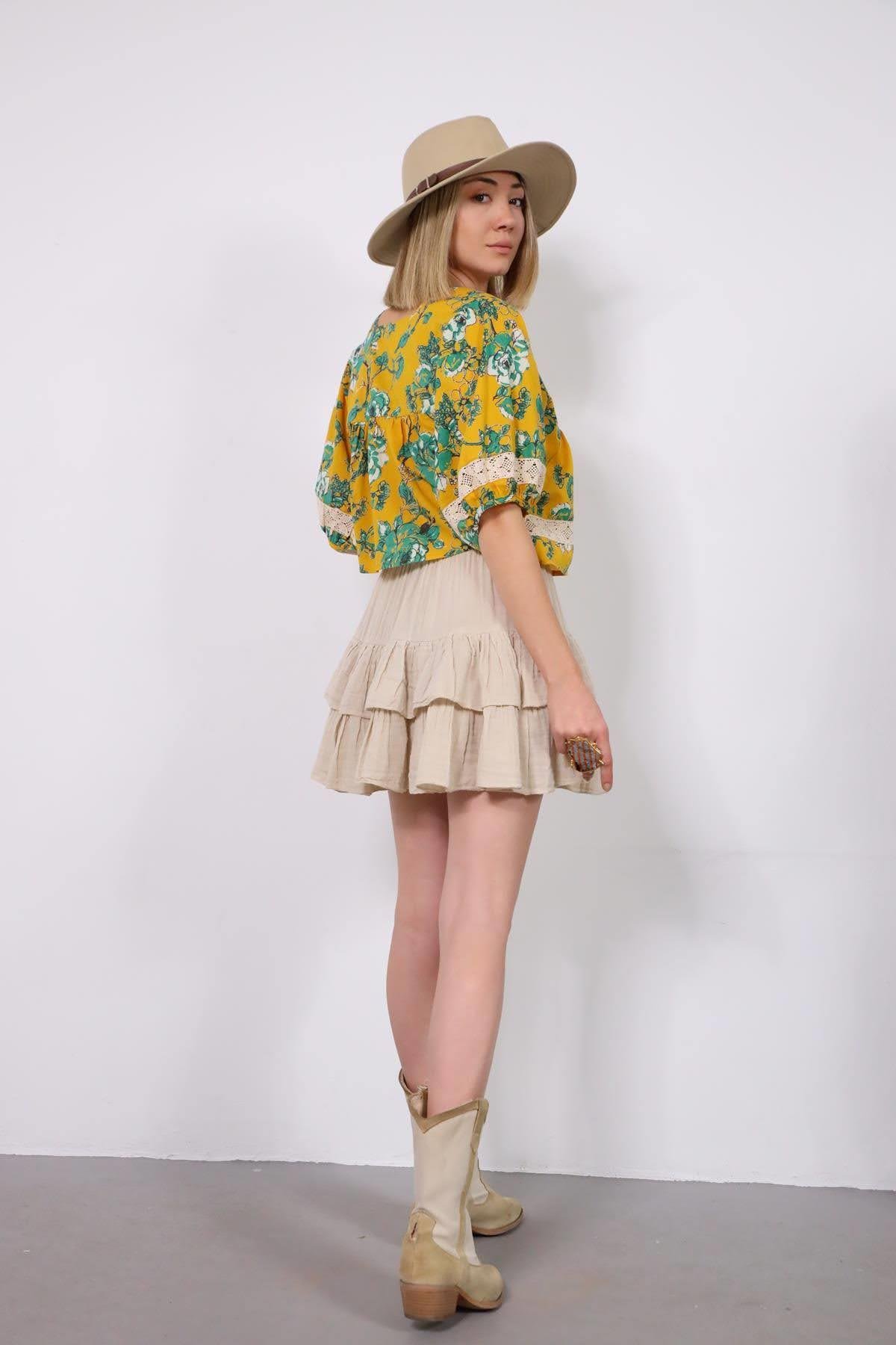 Hardal Rengi Kare Yaka Güpürlü Otantik Bluz - Şaman Butik Hardal Rengi Kare Yaka Güpürlü Otantik Bluz