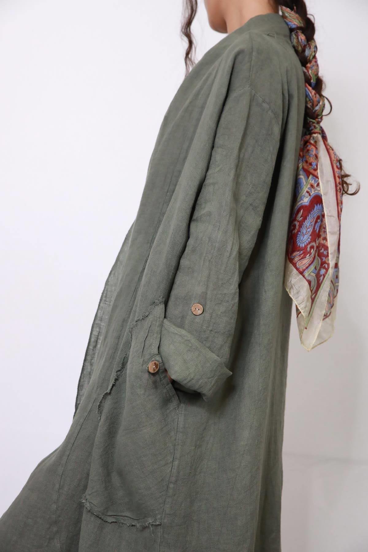  Haki Cebi Düğmeli Keten Kaftan