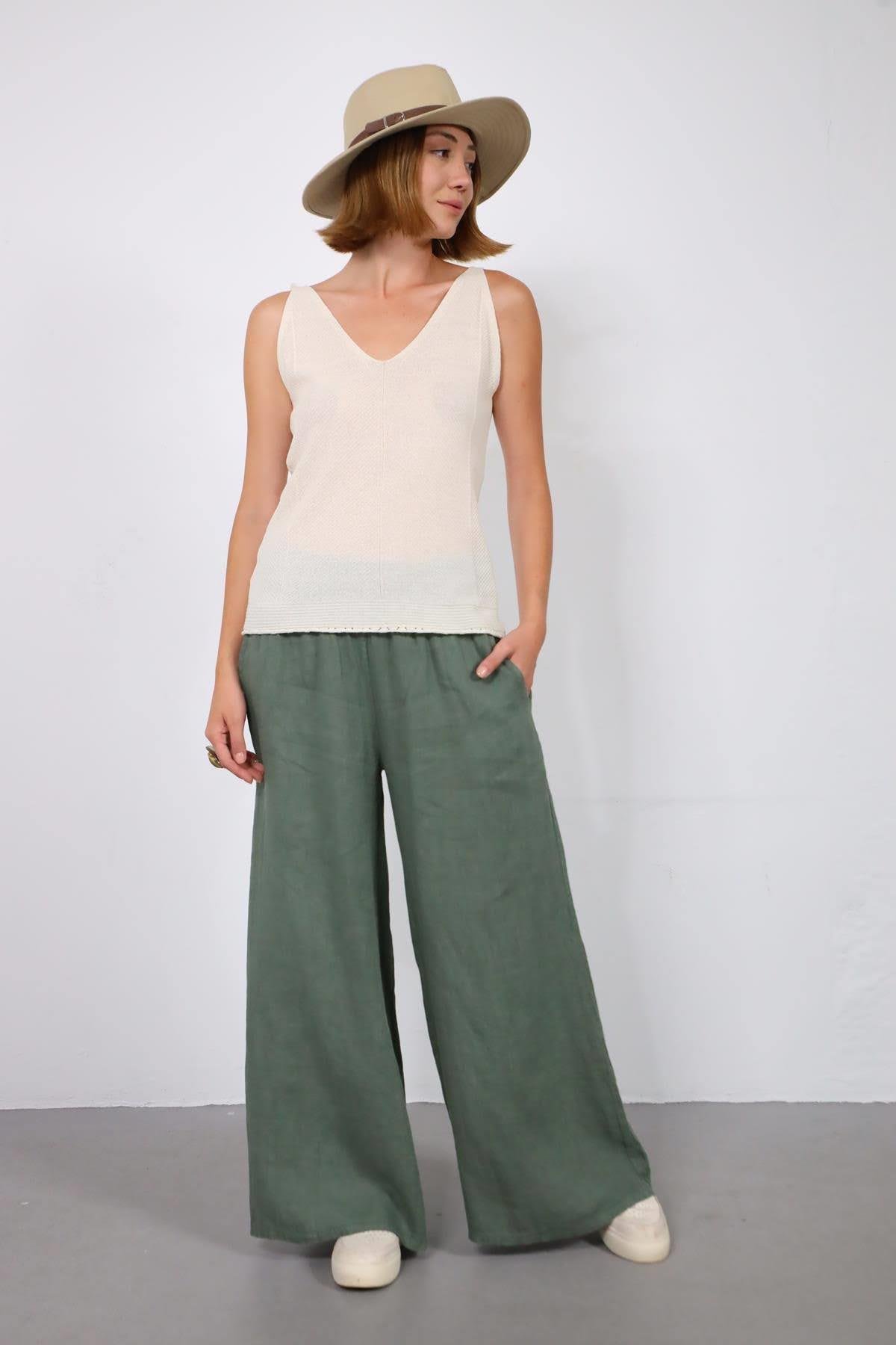 Ekru Önü Arkası V Yaka Sıfır Kol Triko Bluz - Şaman Butik Ekru Önü Arkası V Yaka Sıfır Kol Triko Bluz