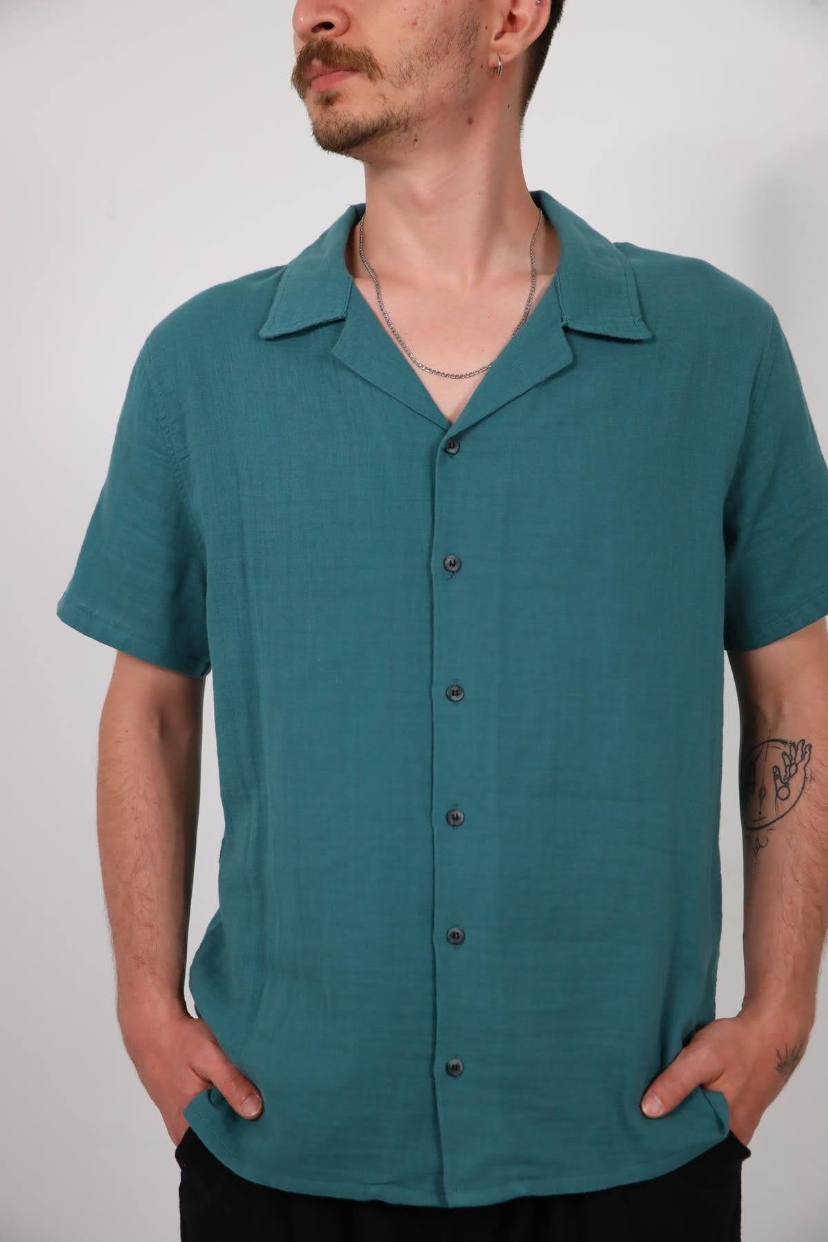  Petrol Yeşili Sırtı Püsküllü Kısa Kollu Erkek Gömlek