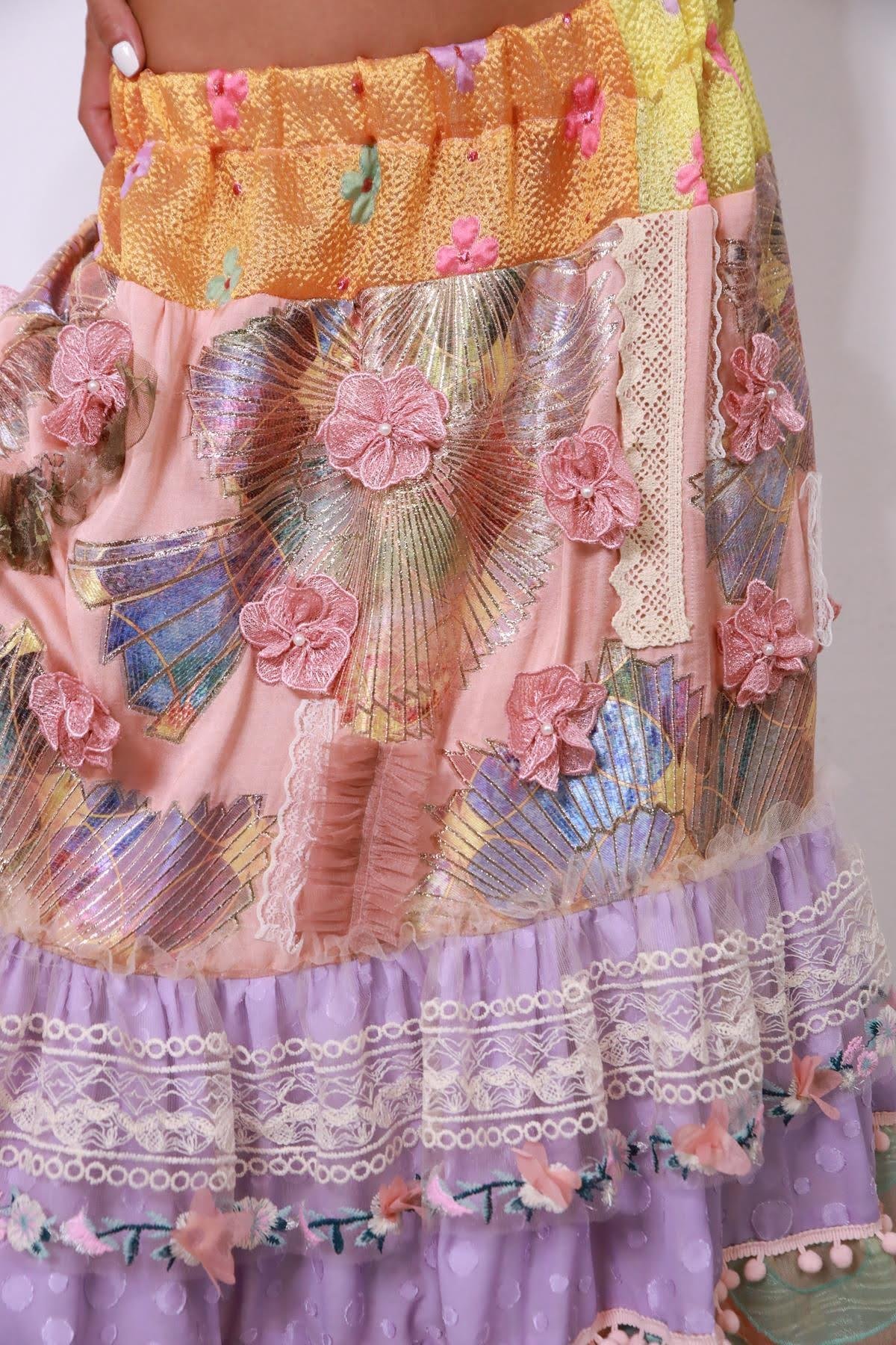 Renkli Güpür ve Tül Detaylı Tasarım Etek - Şaman Butik Renkli Güpür ve Tül Detaylı Tasarım Etek