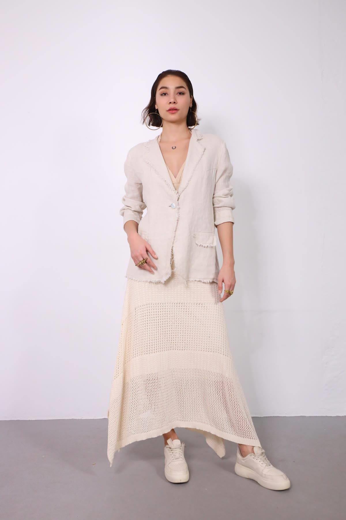 Krem Rengi Tek Düğmeli Püsküllü Ceket - Şaman Butik Krem Rengi Tek Düğmeli Püsküllü Ceket