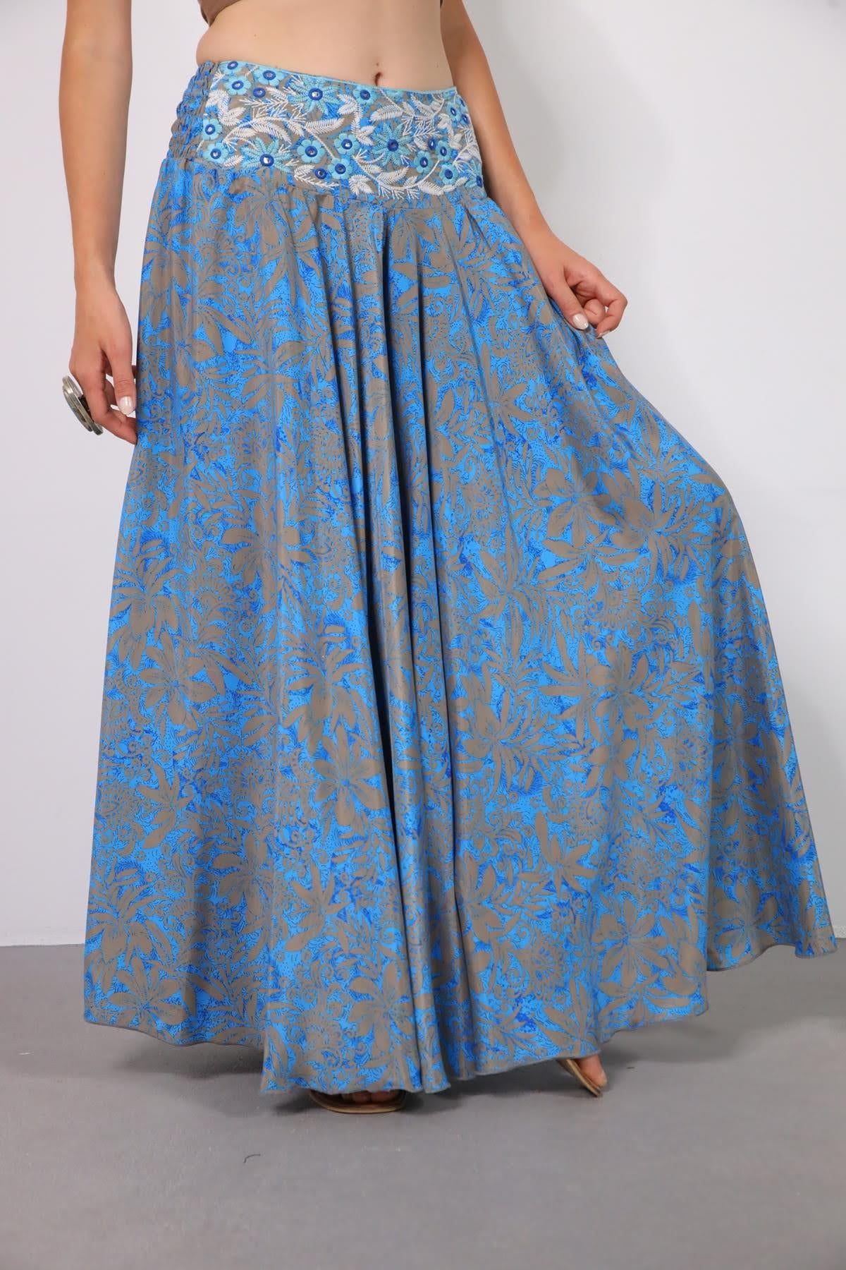 Mavi Desenli İpek Pantolon Etek - Şaman Butik Mavi Desenli İpek Pantolon Etek