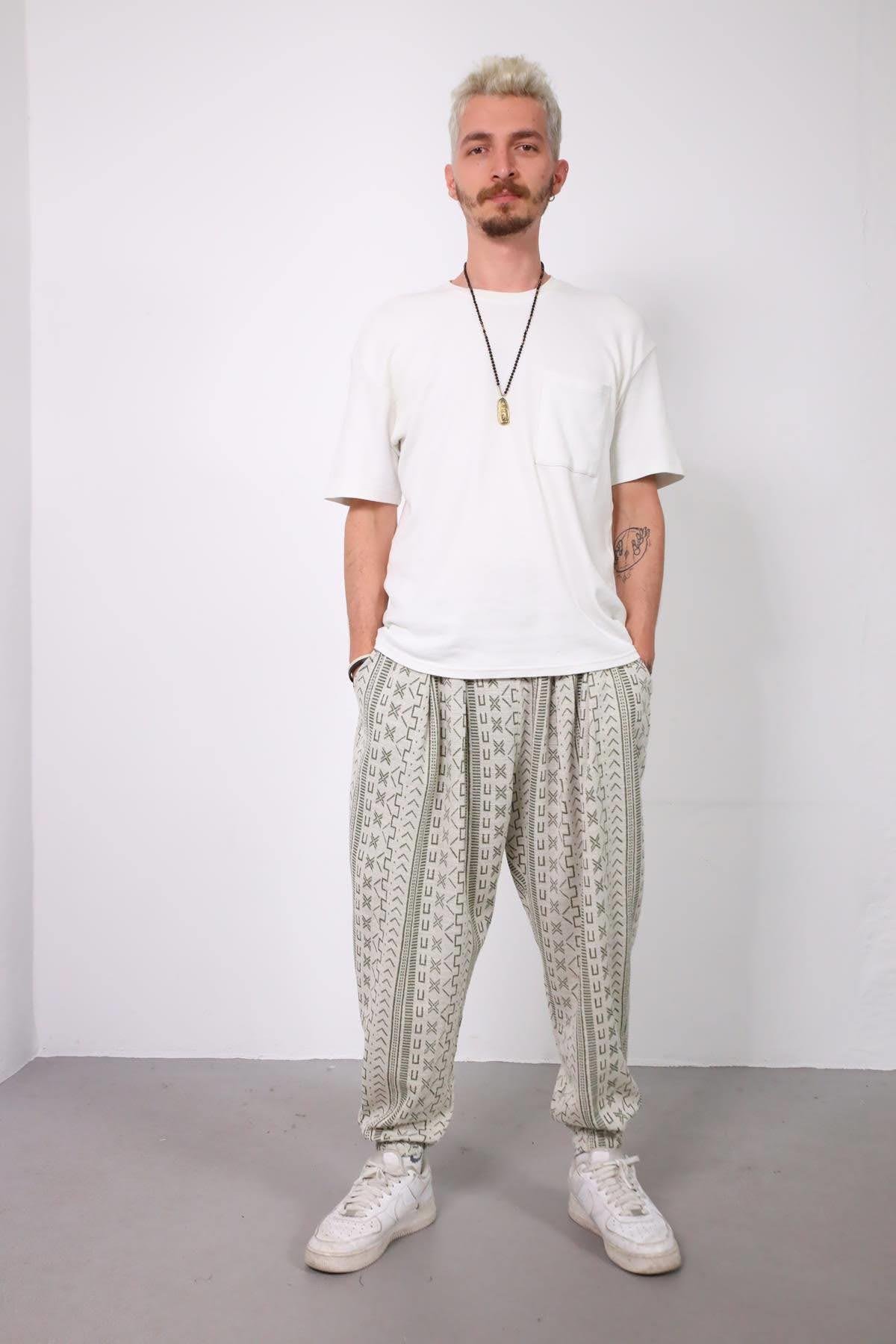  Taş Rengi Paçası Lastikli Desenli Erkek Pantolon