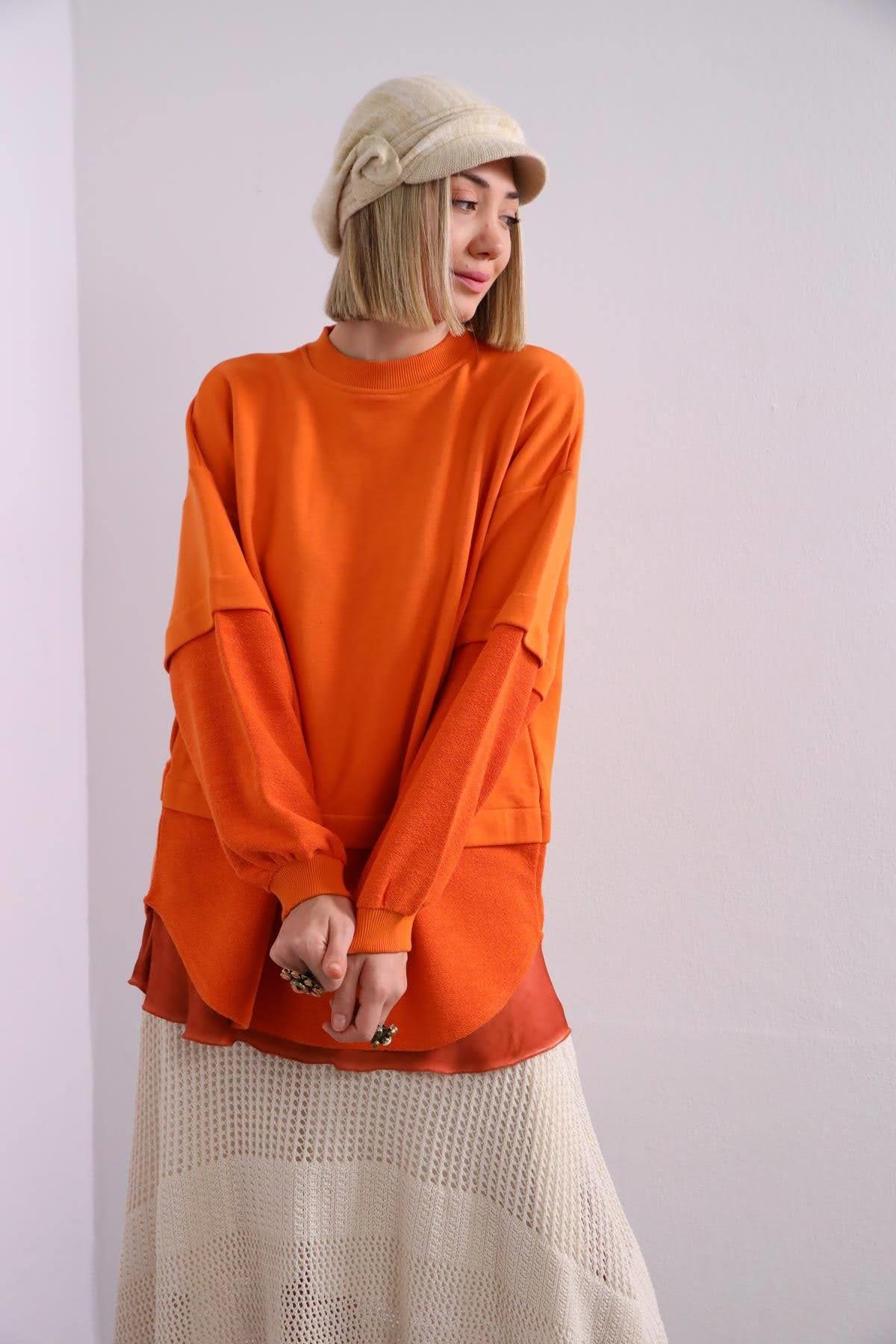 Orange Stitch Detailed Sweatshirt - Saman Butik | Shop Online Orange Stitch Detailed Sweatshirt