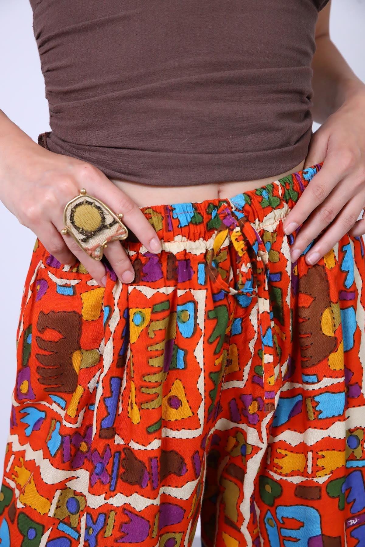 Turuncu Desenli Beli Lastikli Rahat Pantolon - Şaman Butik Turuncu Desenli Beli Lastikli Rahat Pantolon