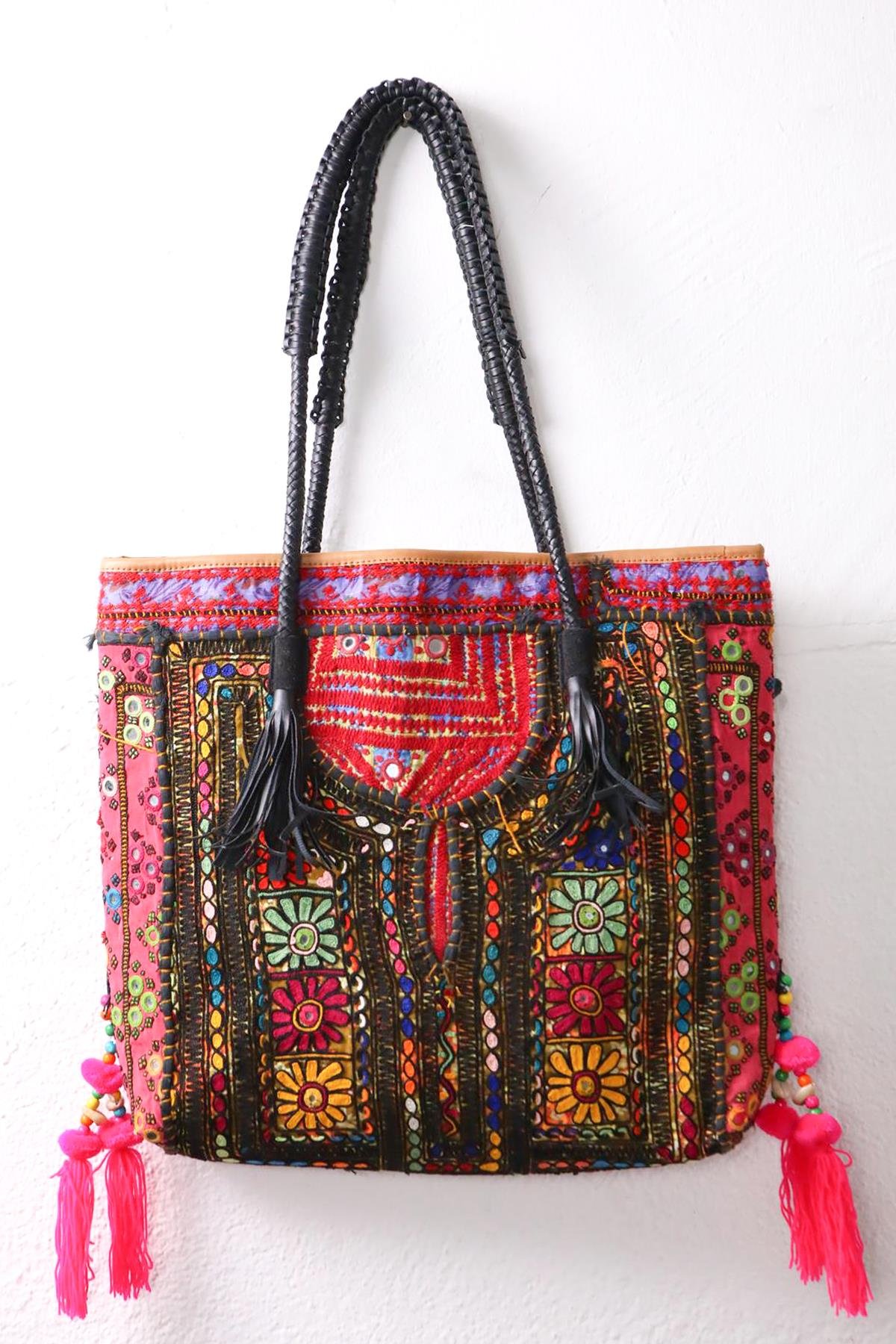  Renkli Ayna ve Deniz Kabuklu Deri Saplı Tasarım Büyük Çanta