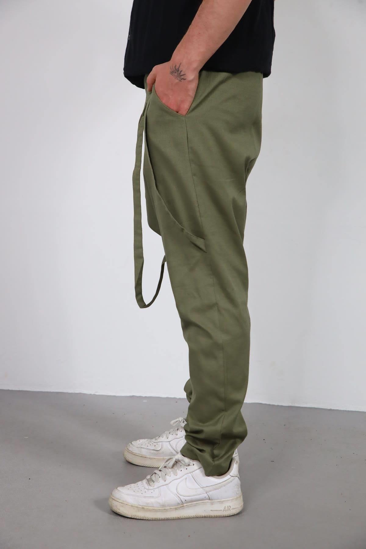  Haki Düz Paça Kordon Detaylı Şalvar Pantolon