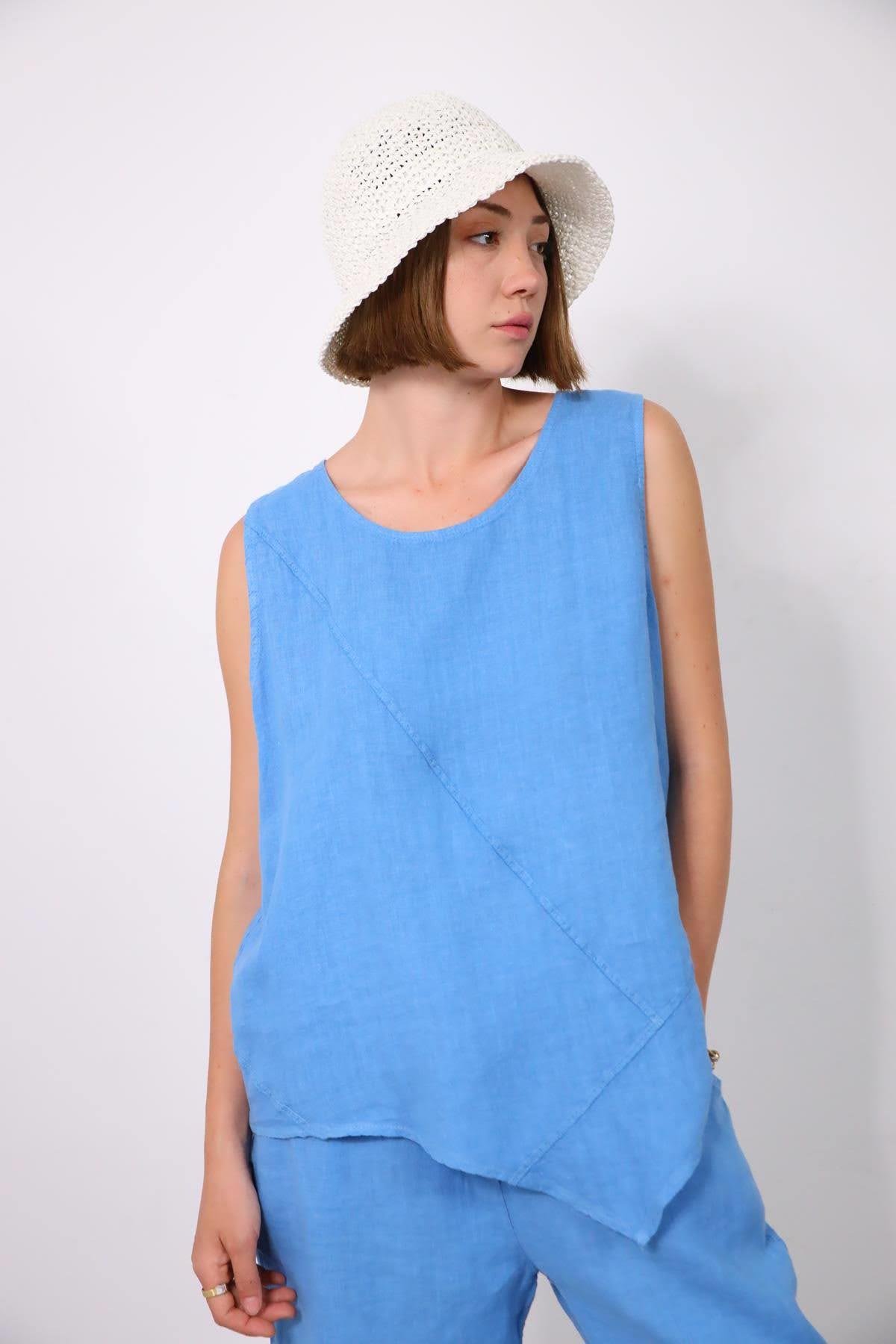  Mavi Dikişli Sıfır Kol Bluz ve Pantolon Keten Takım