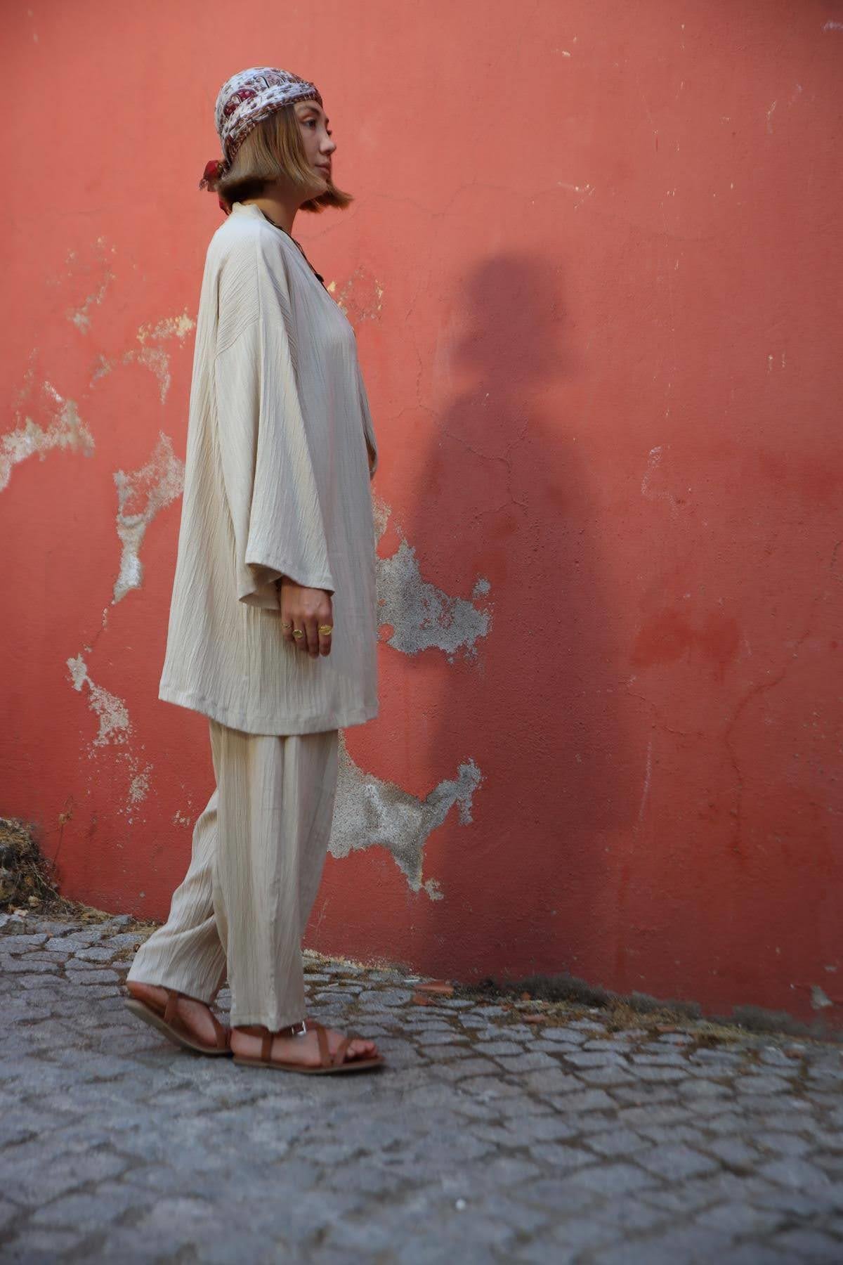  Krem Rengi Gofre Kimono Pantolon Takım