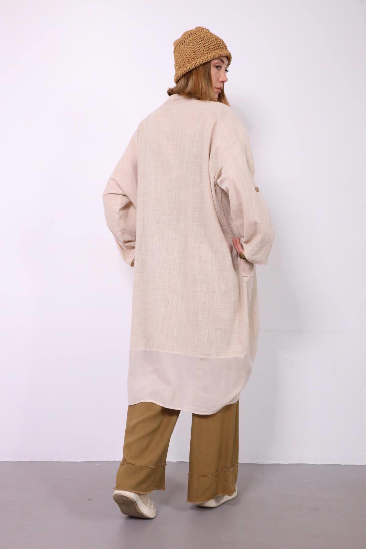  Krem Rengi Garnili Şal Yaka Cepli Kısa Kaftan