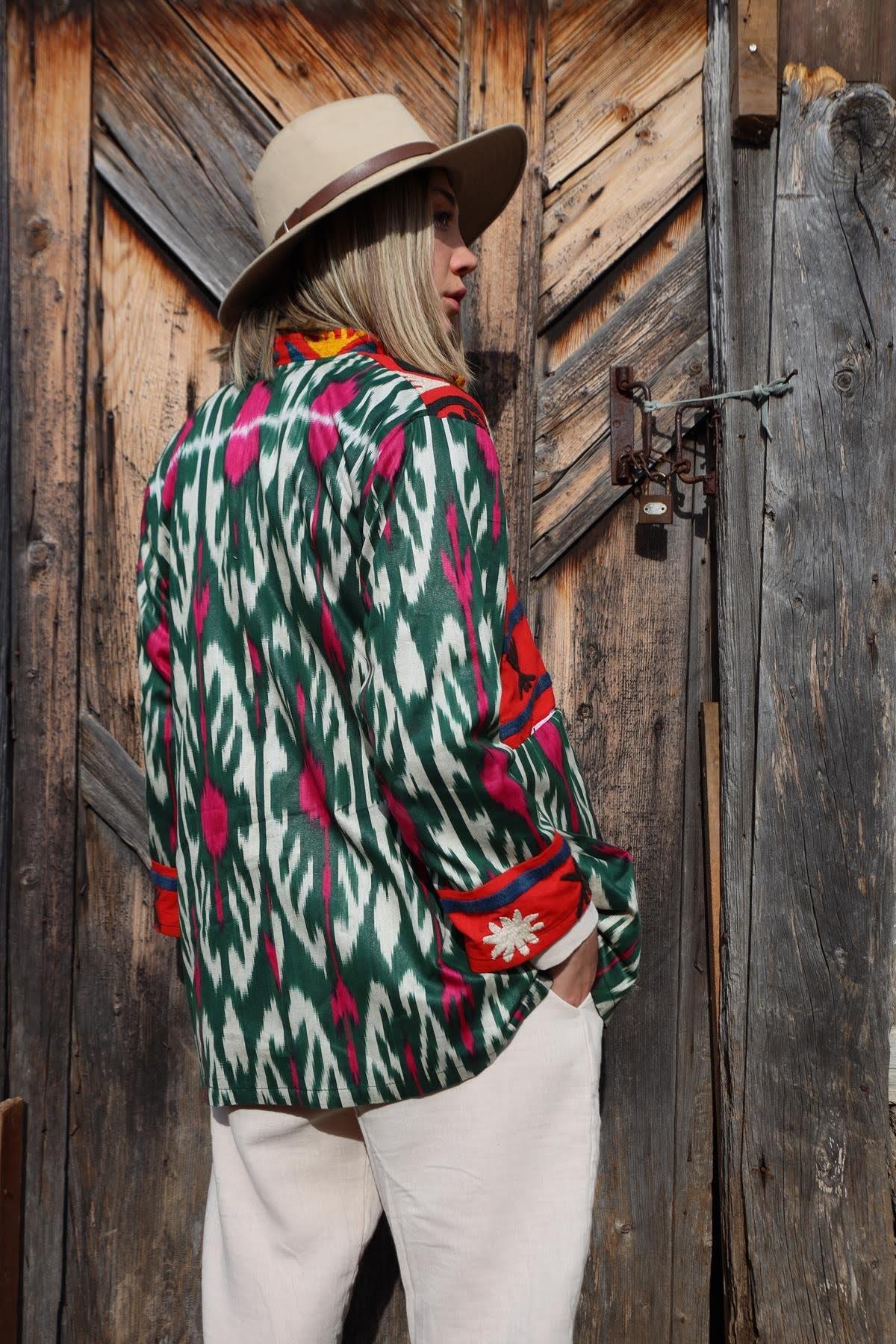 Yeşil Suzani Kısa Kaftan - Şaman Butik Yeşil Suzani Kısa Kaftan