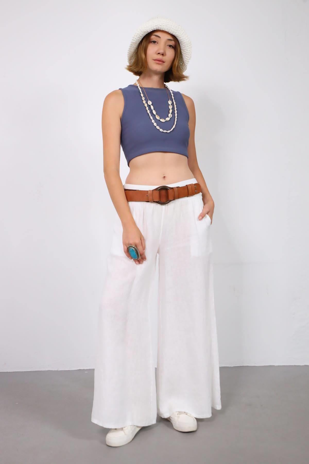 Beyaz Beli Lastikli Asena Pantolon - Şaman Butik Beyaz Beli Lastikli Asena Pantolon