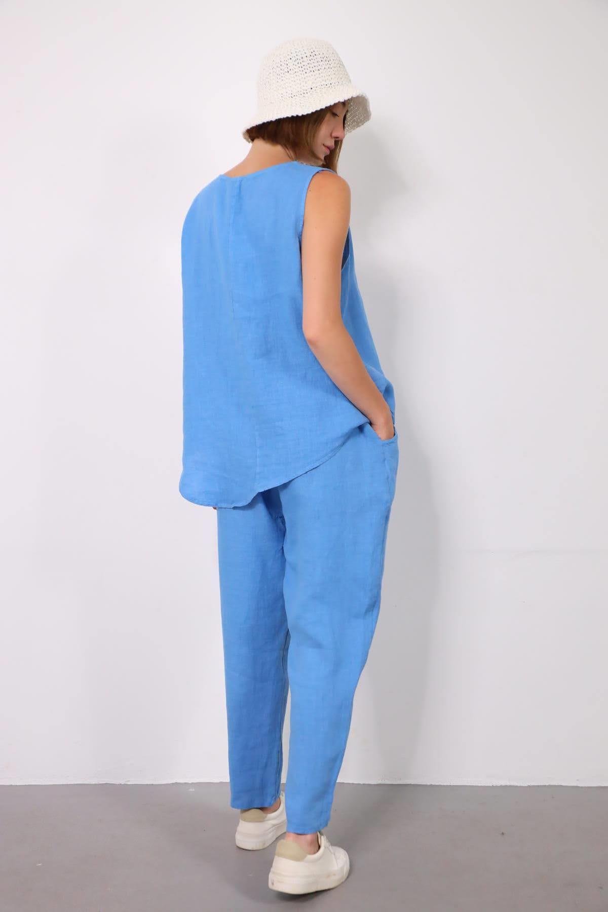  Mavi Dikişli Sıfır Kol Bluz ve Pantolon Keten Takım