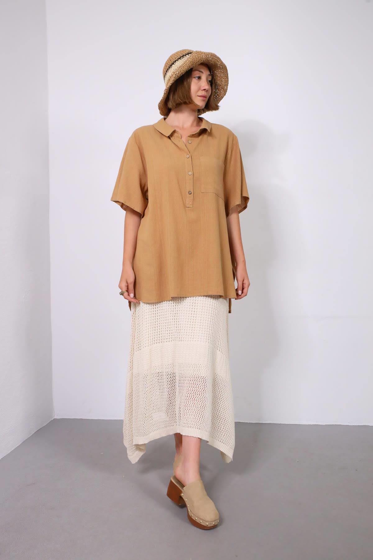 Camel Rengi Yarım Düğmeli Keten Gömlek - Şaman Butik Camel Rengi Yarım Düğmeli Keten Gömlek