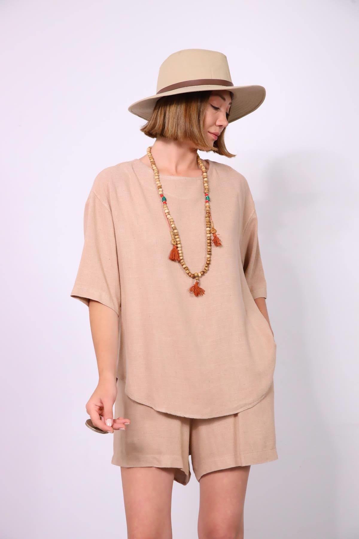  Camel Rengi Salaş Şortlu Takım