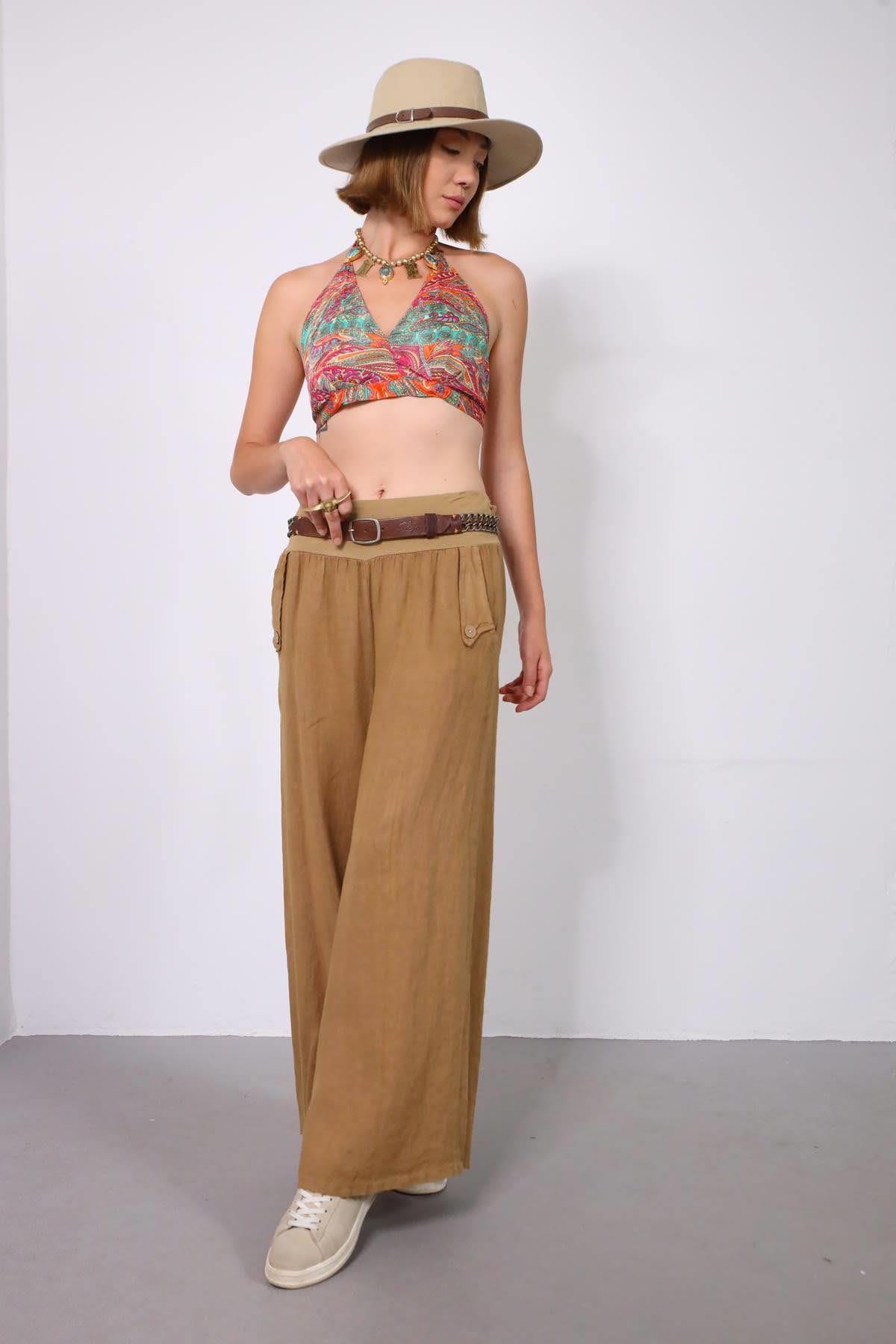  Camel Rengi Cebi Tek Düğmeli Salaş Keten Pantolon