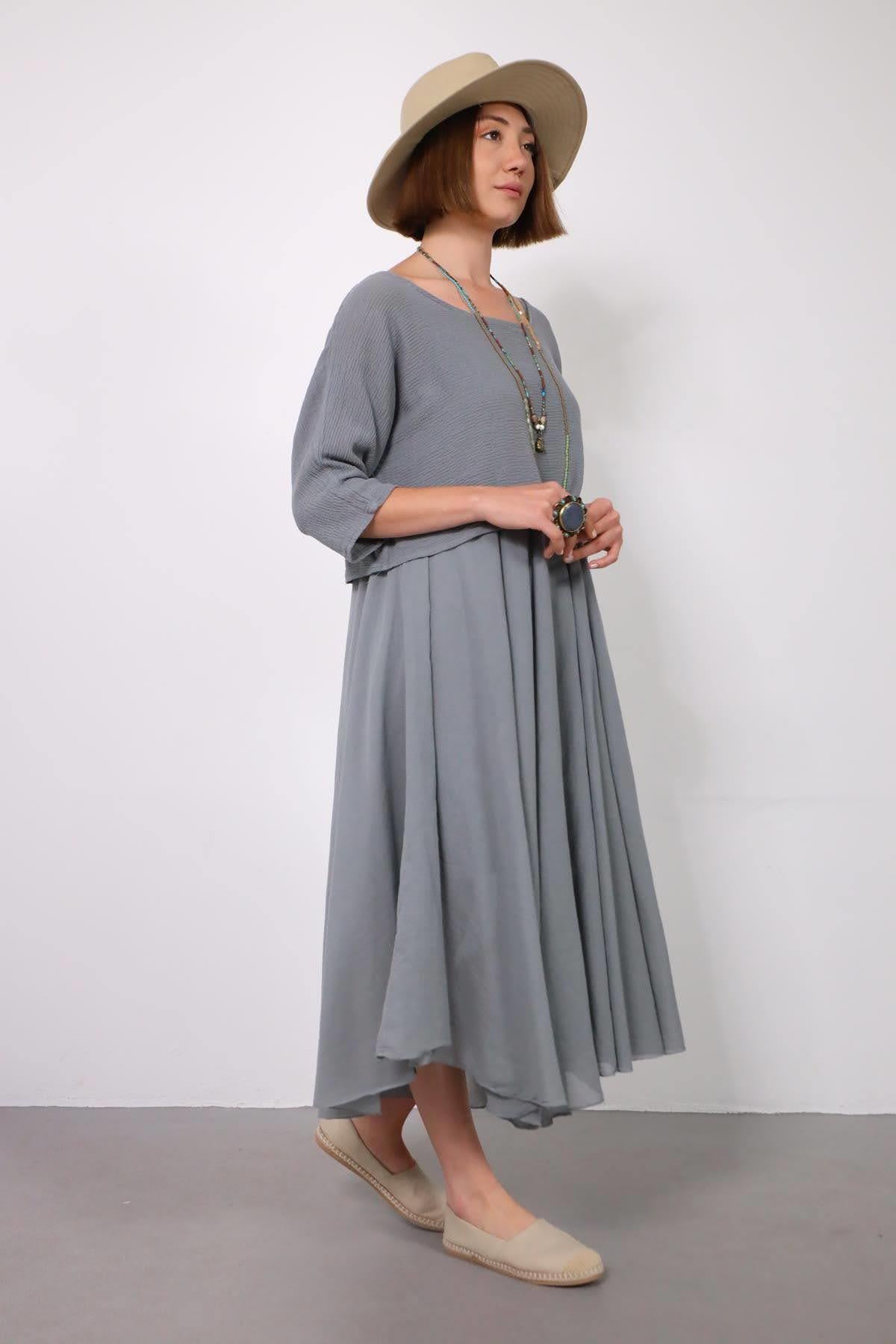 Füme Rengi Askılı Bluz Detaylı Elbise - Şaman Butik Füme Rengi Askılı Bluz Detaylı Elbise