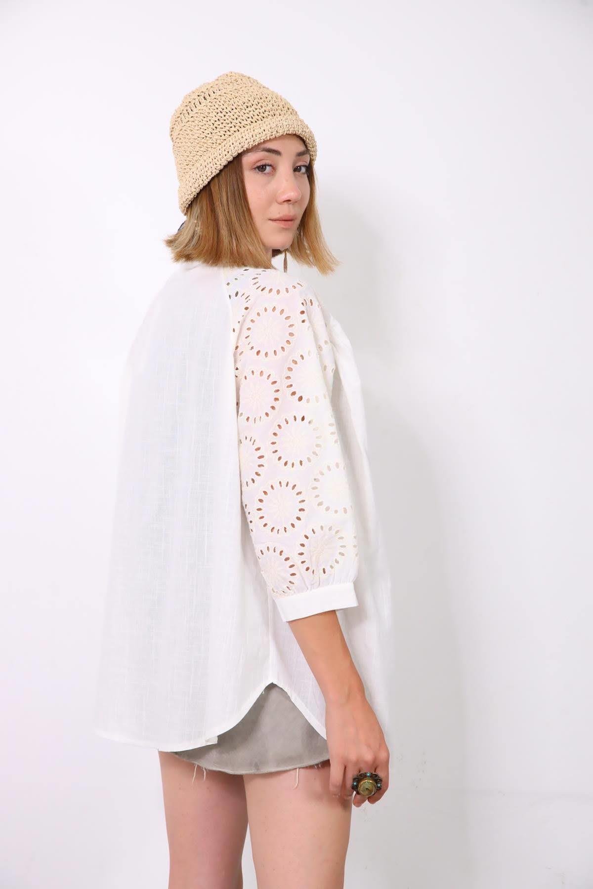  Ekru Kolu Fistolu Kısa Kimono