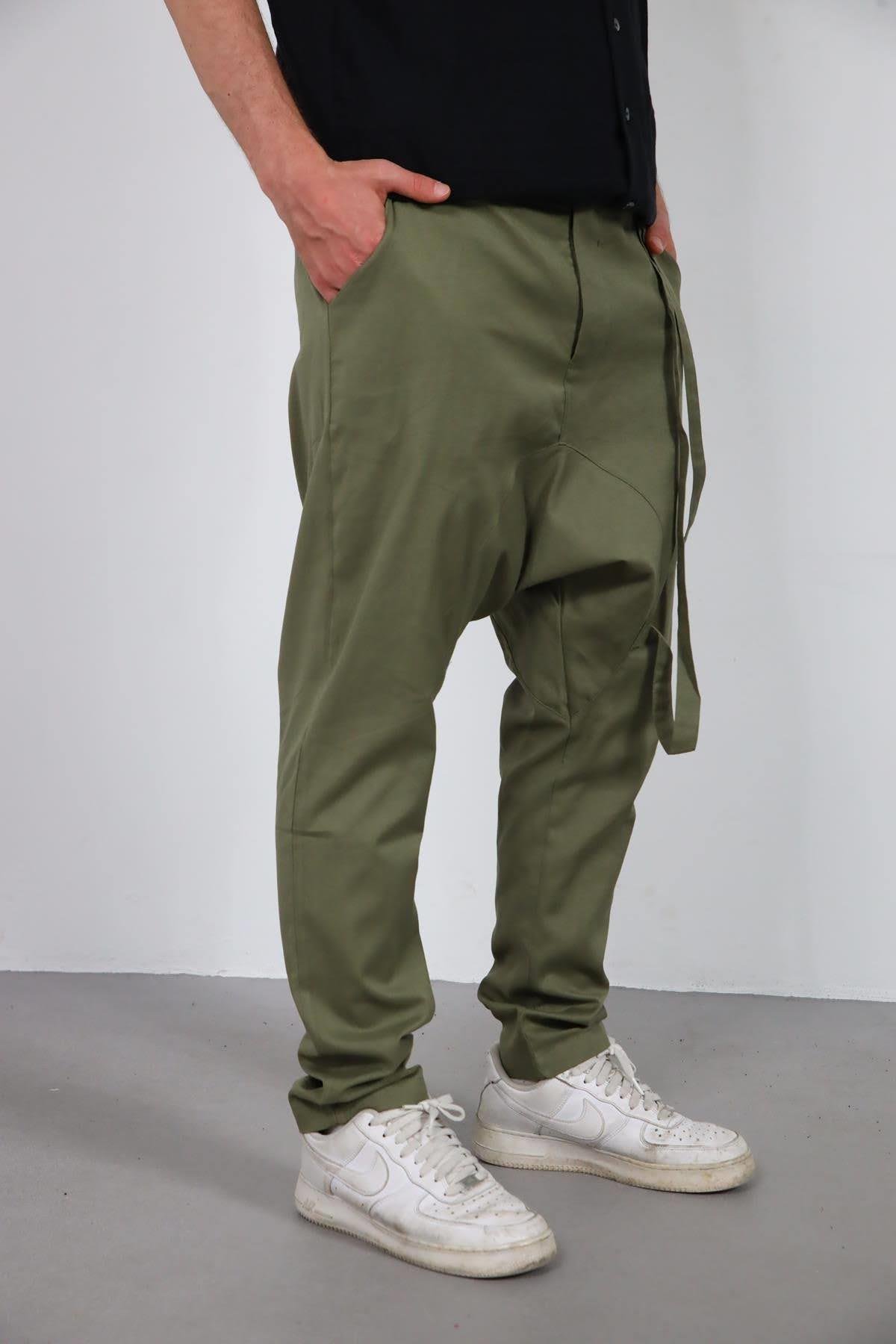  Haki Düz Paça Kordon Detaylı Şalvar Pantolon