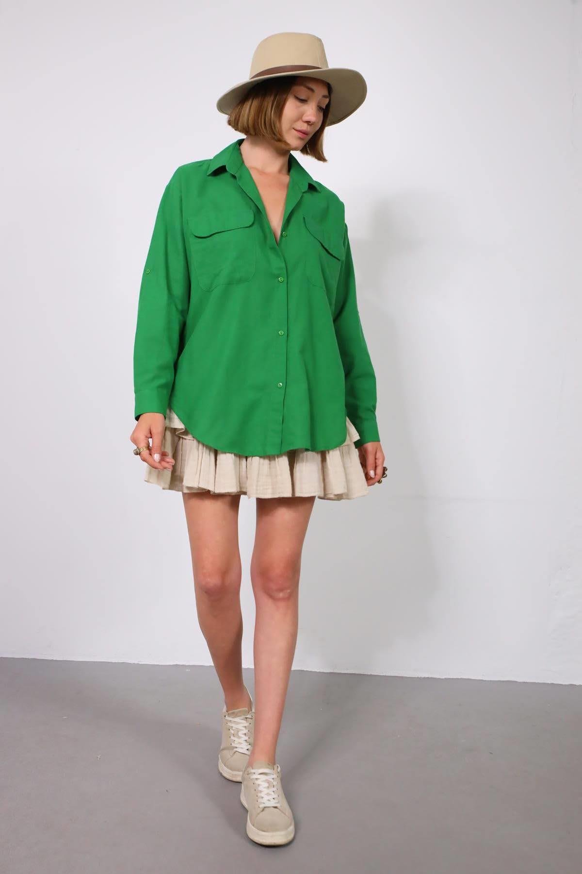 Green Big Pocket Open Back Shirt - Saman Butik | Shop Online Green Big Pocket Open Back Shirt