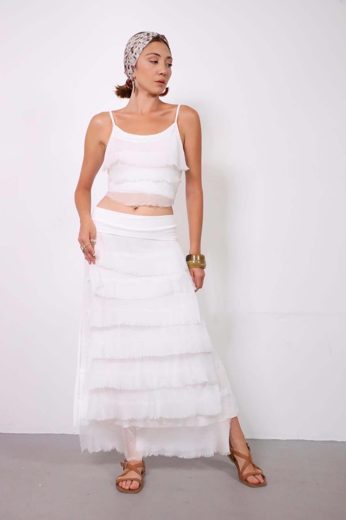 White Multilayered Silk Skirt - Şaman Butik | Boho Fashion White Multilayered Silk Skirt