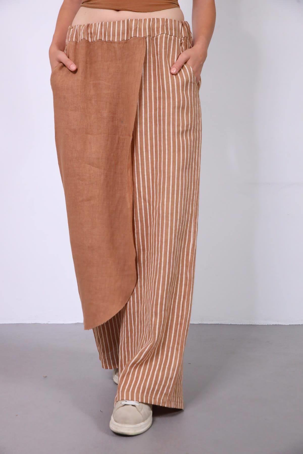 Tarçın Rengi Parça Detaylı Çizgili Keten Pantolon - Şaman Butik Tarçın Rengi Parça Detaylı Çizgili Keten Pantolon