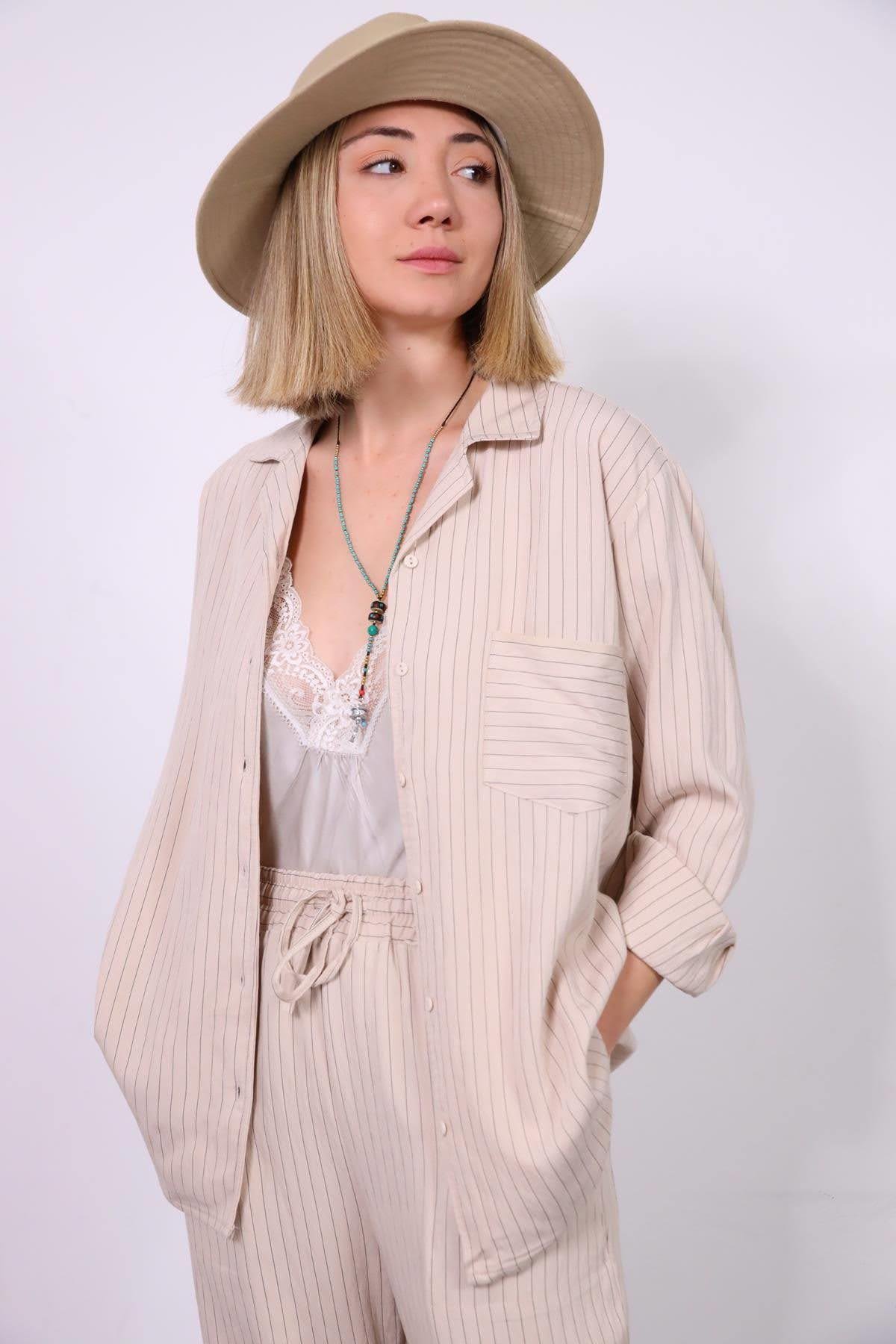 Taş Rengi Çizgili Gömlek ve Pantolon Takım - Şaman Butik Taş Rengi Çizgili Gömlek ve Pantolon Takım