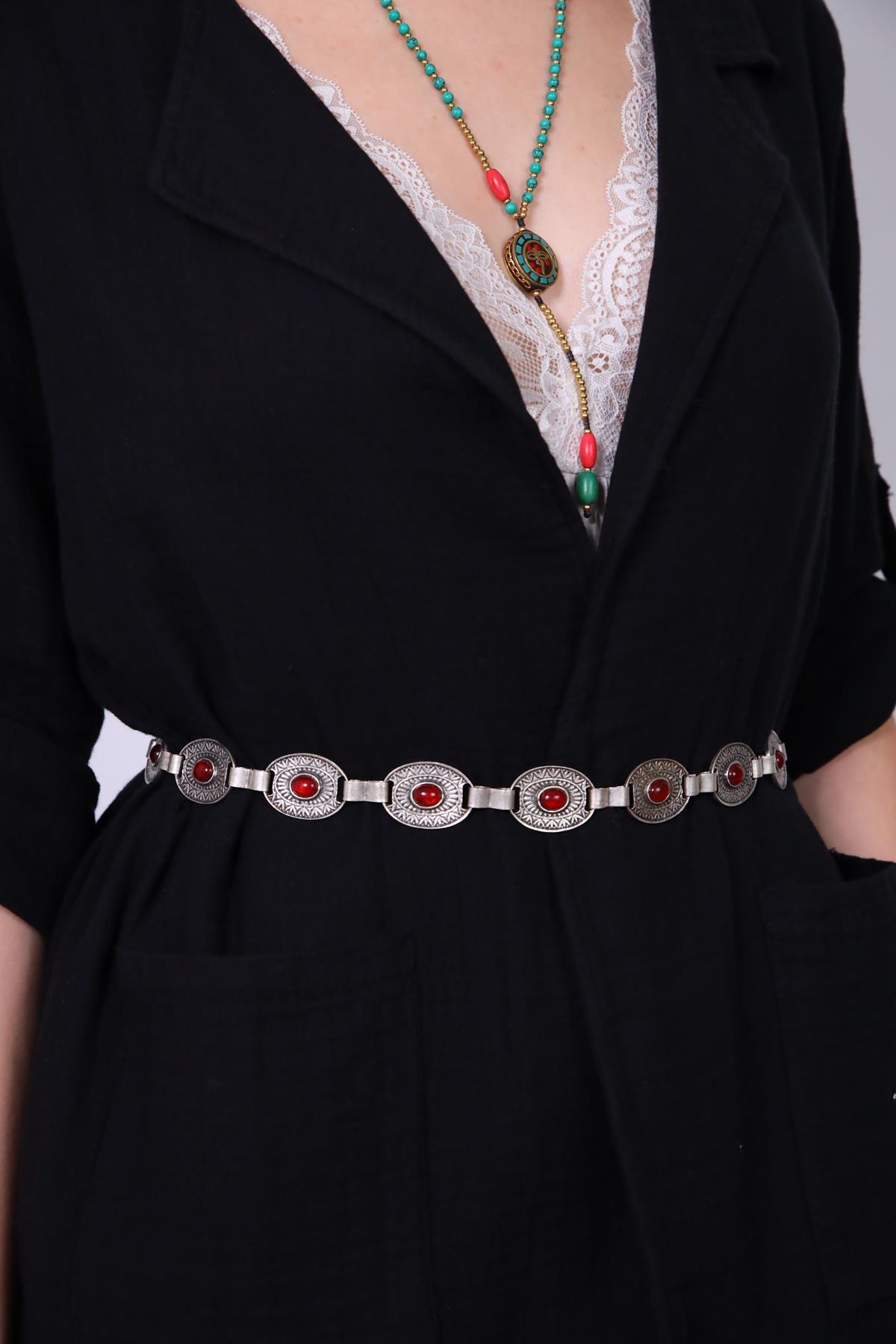 Red Natural Stone Design Belt - Saman Butik | Shop Online Red Natural Stone Design Belt