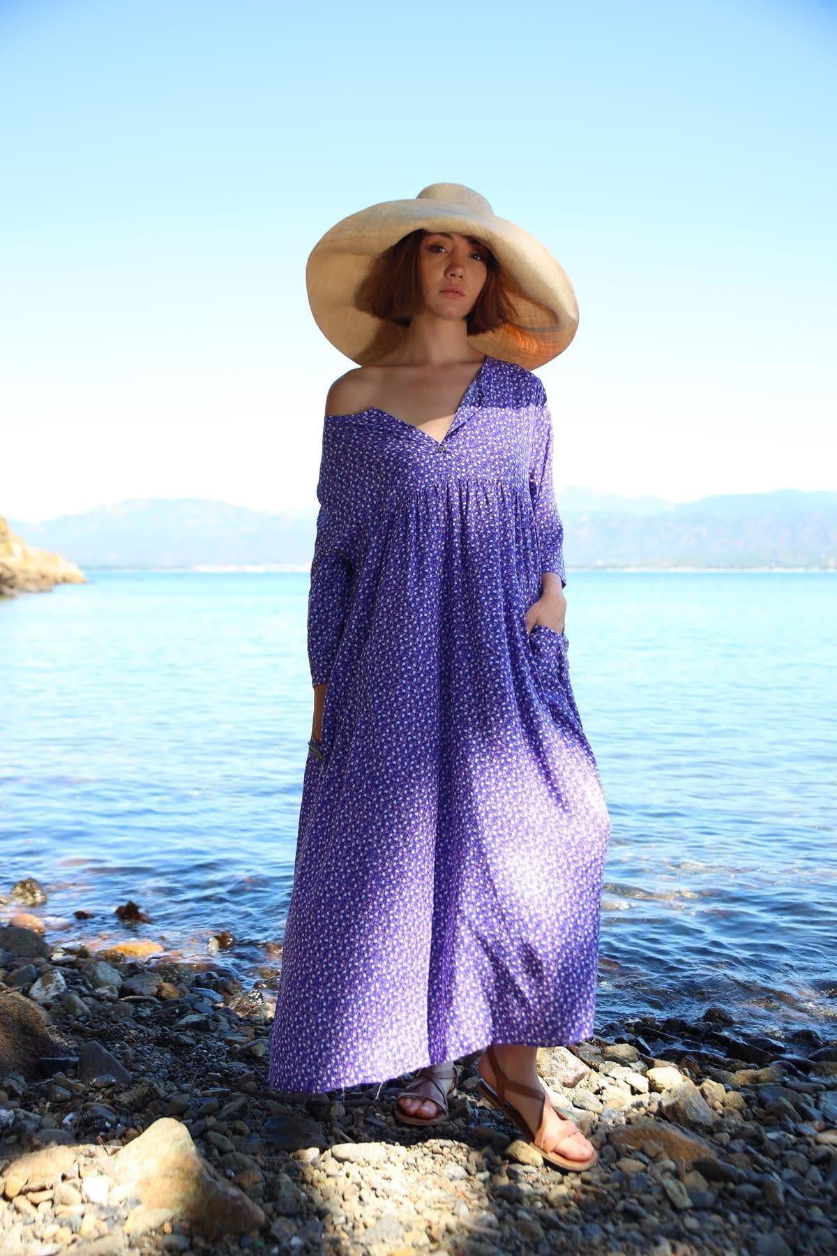 Mor Çiçekli Önü Düğmeli Elbise - Şaman Butik - Bohem Giyim ve Aksesuar | Kadın & Erkek Mor Çiçekli Önü Düğmeli Elbise