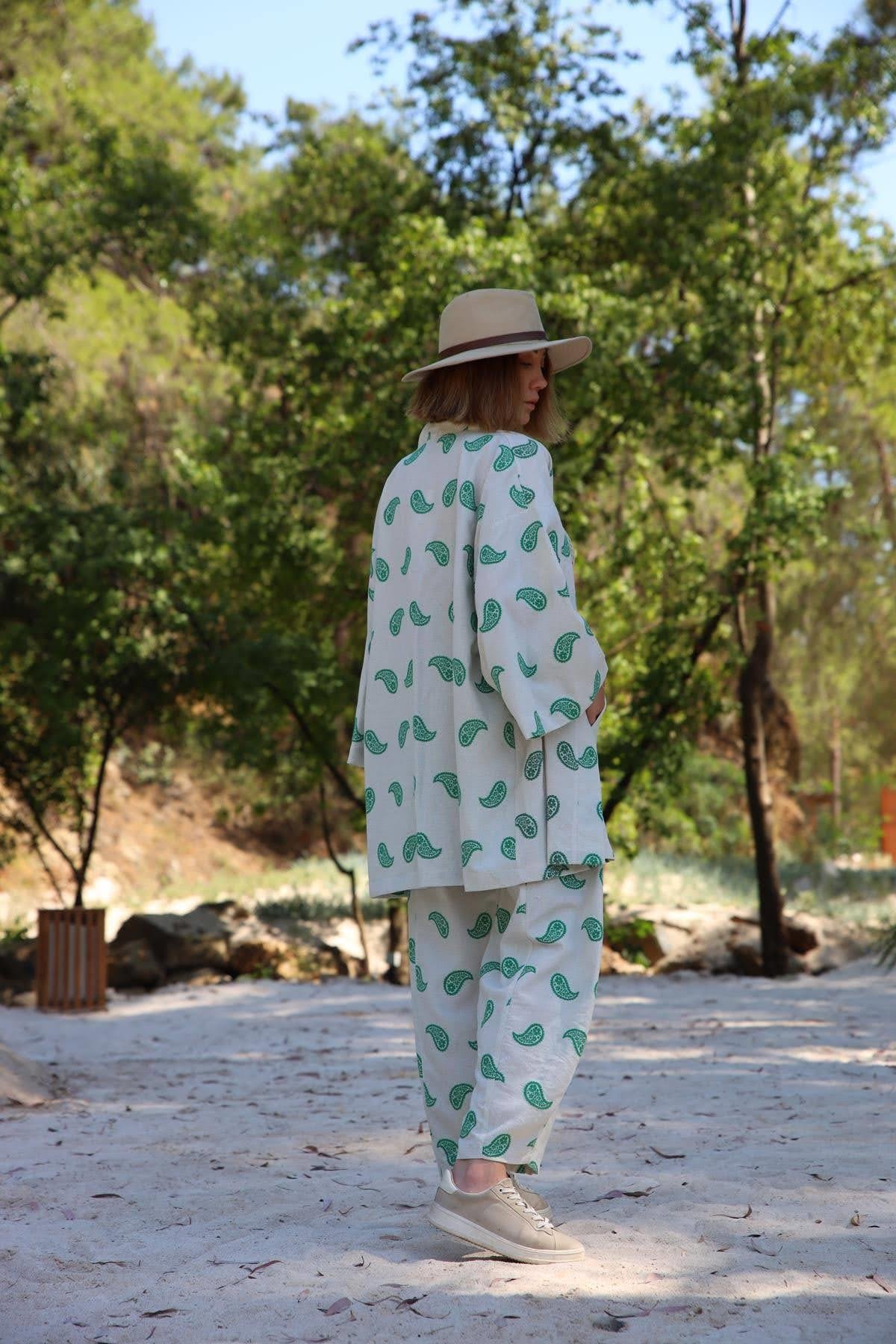 Krem Rengi Şal Desenli Kaftan Pantolon Takım - Şaman Butik Krem Rengi Şal Desenli Kaftan Pantolon Takım