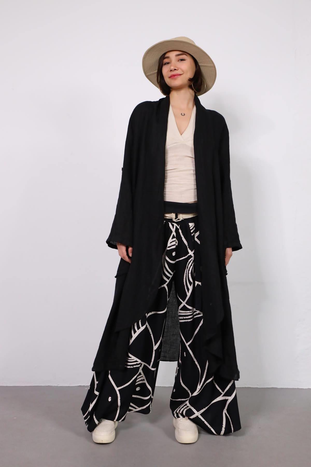 Siyah Cebi Düğmeli Keten Kaftan - Şaman Butik - Bohem Giyim ve Aksesuar | Kadın & Erkek Siyah Cebi Düğmeli Keten Kaftan